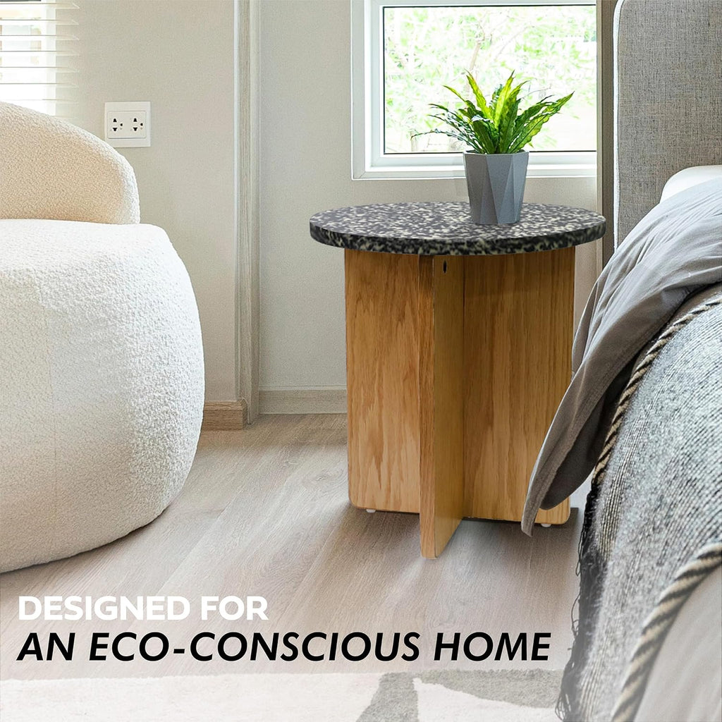 Melino Ocean-Plastic Round Side Table for Living Room, Bedroom, Nightstand with FSC Wood Base, Easy Assembly, Accent/Coffee Table (Stellae Obscura)