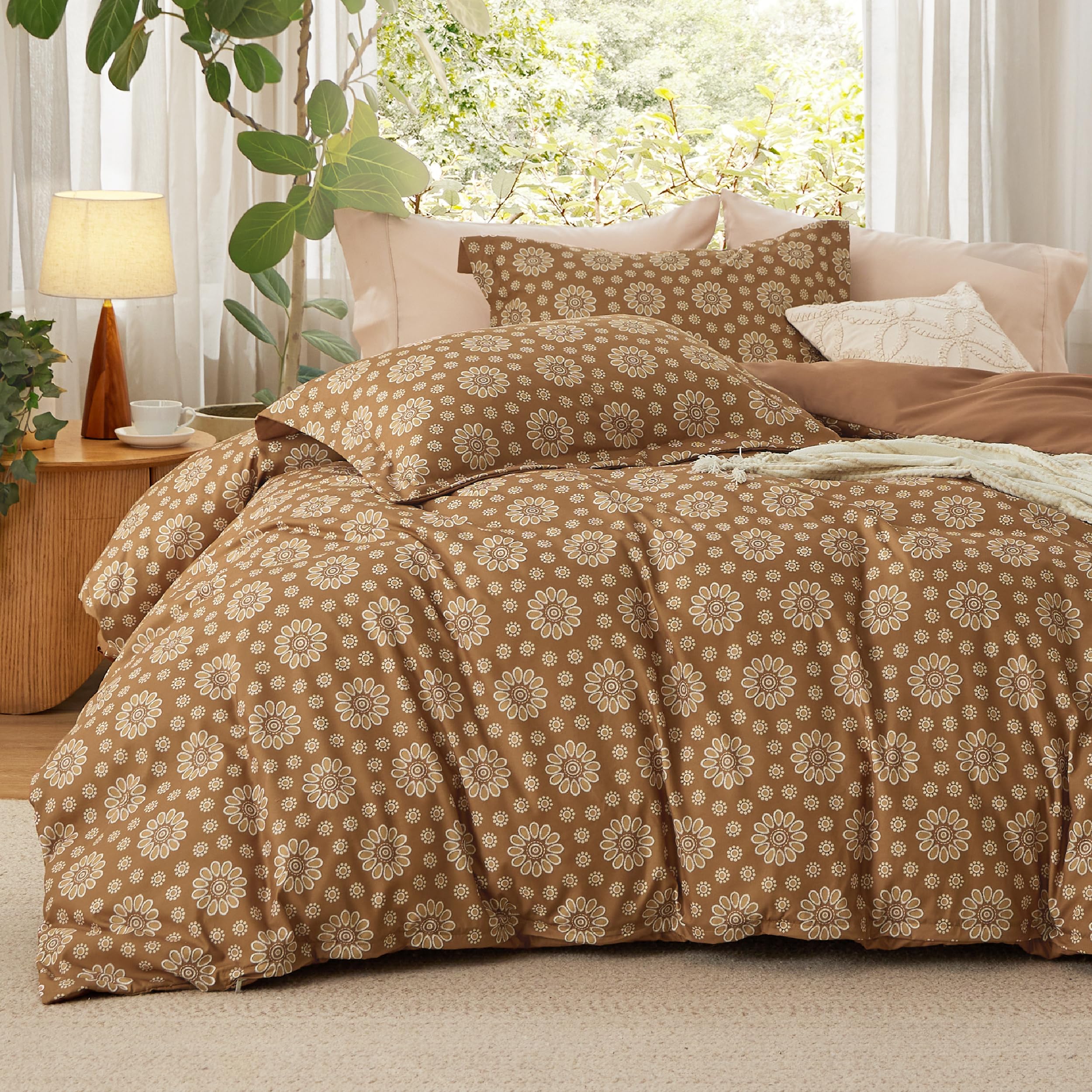 Bedsure 掛け布団カバー クイーンサイズ - リバーシブル花柄掛け布団カバーセット ジッパー付き グリーン寝具セット 3点セット 1枚の掛け布団カバー 90"x90" 8つのコーナータイ付き と 2つの枕カバー 20"x26"