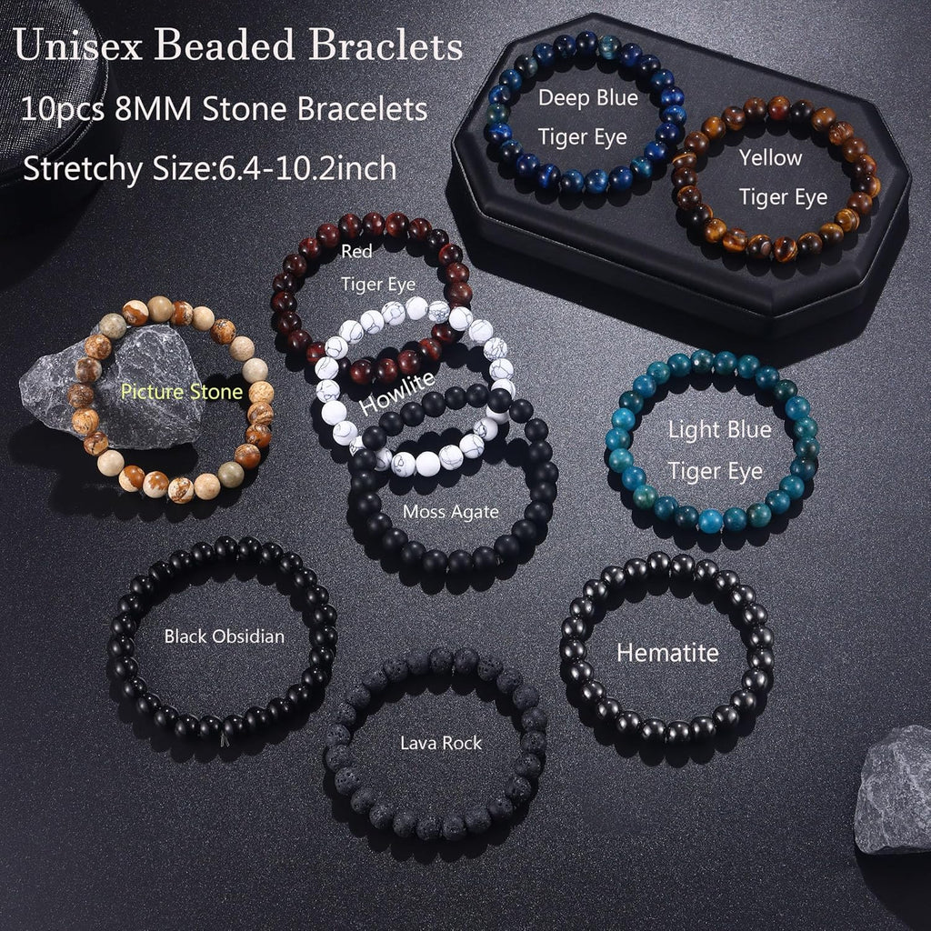 SONNYX 10PCS Tiger Eye Bracelet For Men 8MM Natural Stone Beads Bracelet Set Stretch Lava Rock Bracelets Adjustable Black Crystal Beaded Bracelet for Men Women