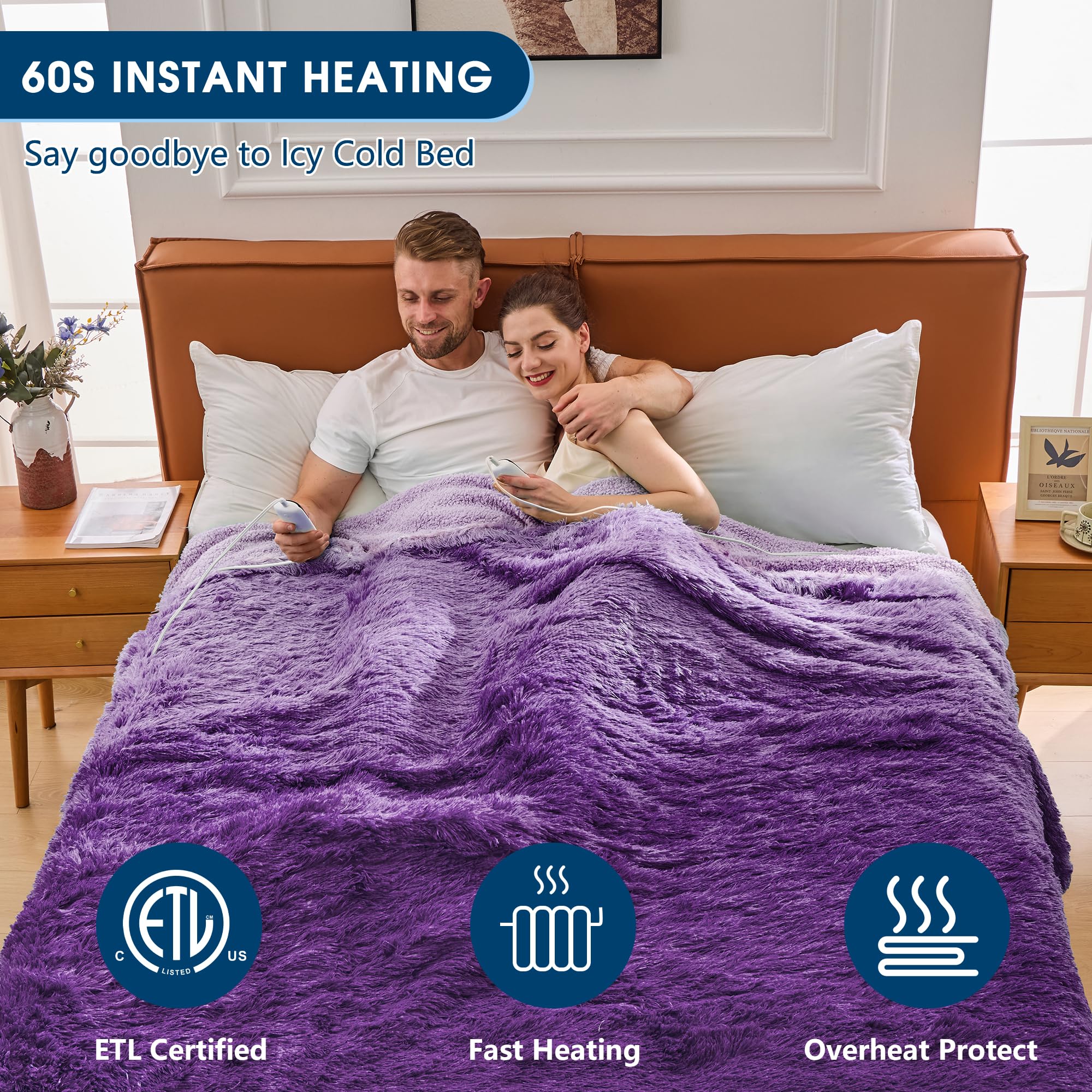 Elektrische Heizdecke mit Kunstpelz, Größe mit flauschigem Sherpa-Rücken, wärmende Plüschdecke Geschenk, weiche Heizdecken mit 10 Wärmeeinstellungen, 5 Zeiteinstellungen, ETL 50"x60", Anthrazitgrau