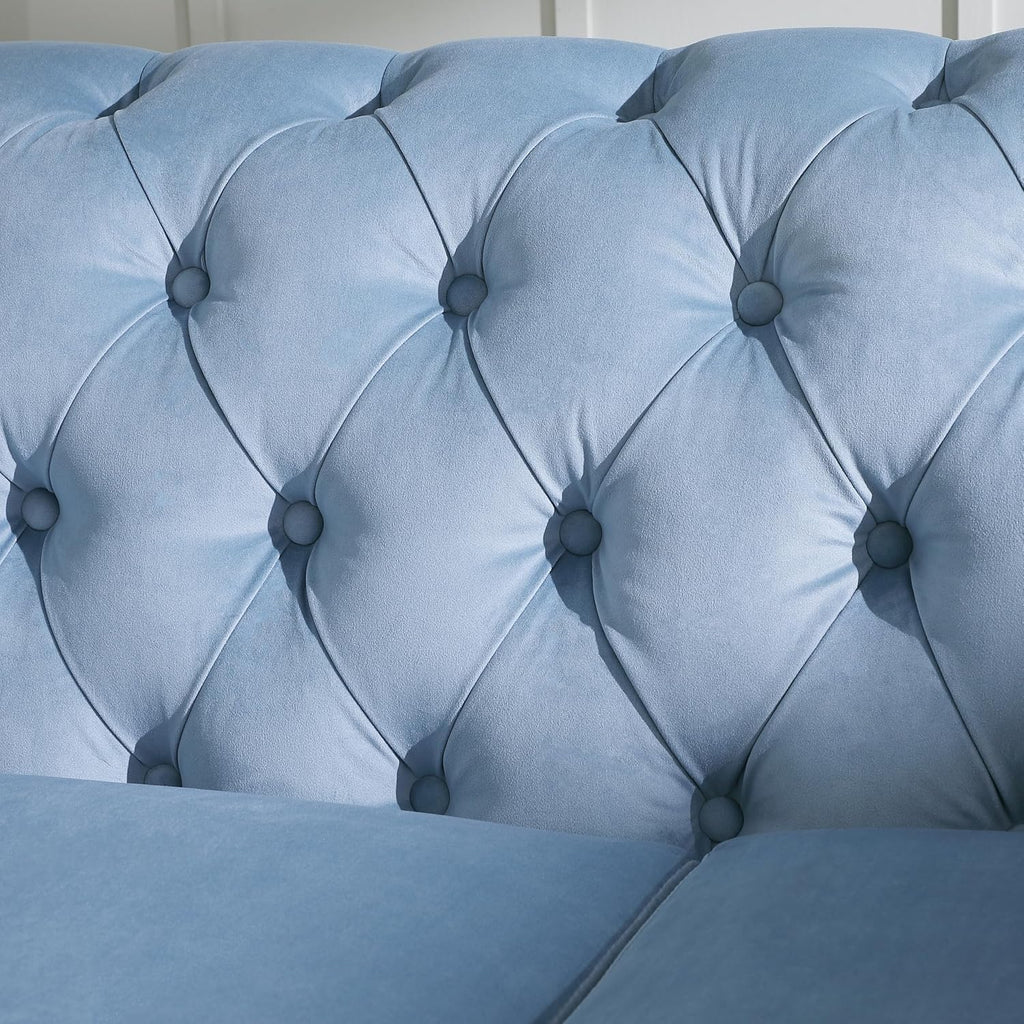 Chesterfield Sofa Couch, 87" Blue Modern Couch with Deep Seats, Velvet Fabric Comfy Sofas, Mid-Century 3 Seater Couch with Wide Armrest, Couches for Living Room, Bedroom and Office