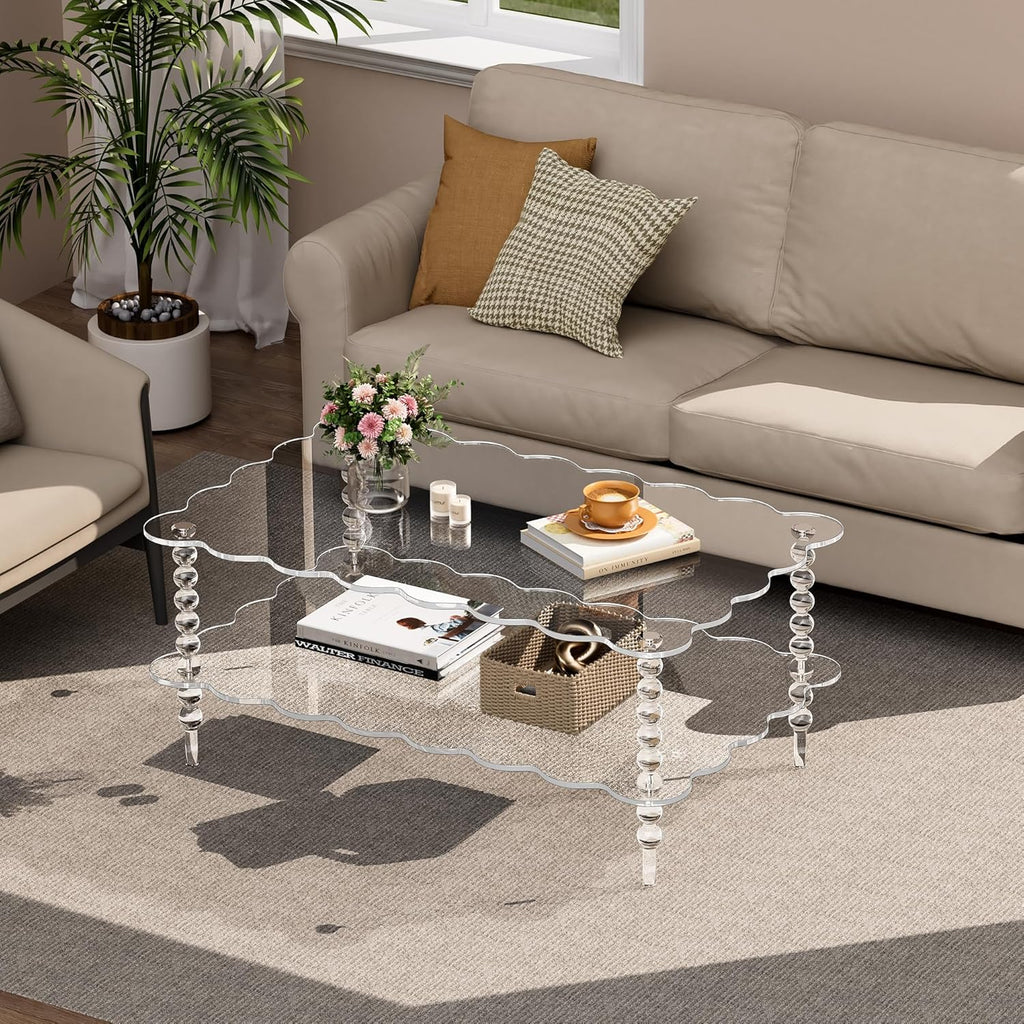 Acrylic Coffee Table, 2-Tier Living Room Table with Storage, Center Table Mid-Modern Century for Living Room, Easy to Assemble (Clear, 37.8“×23.6“×15.7”)