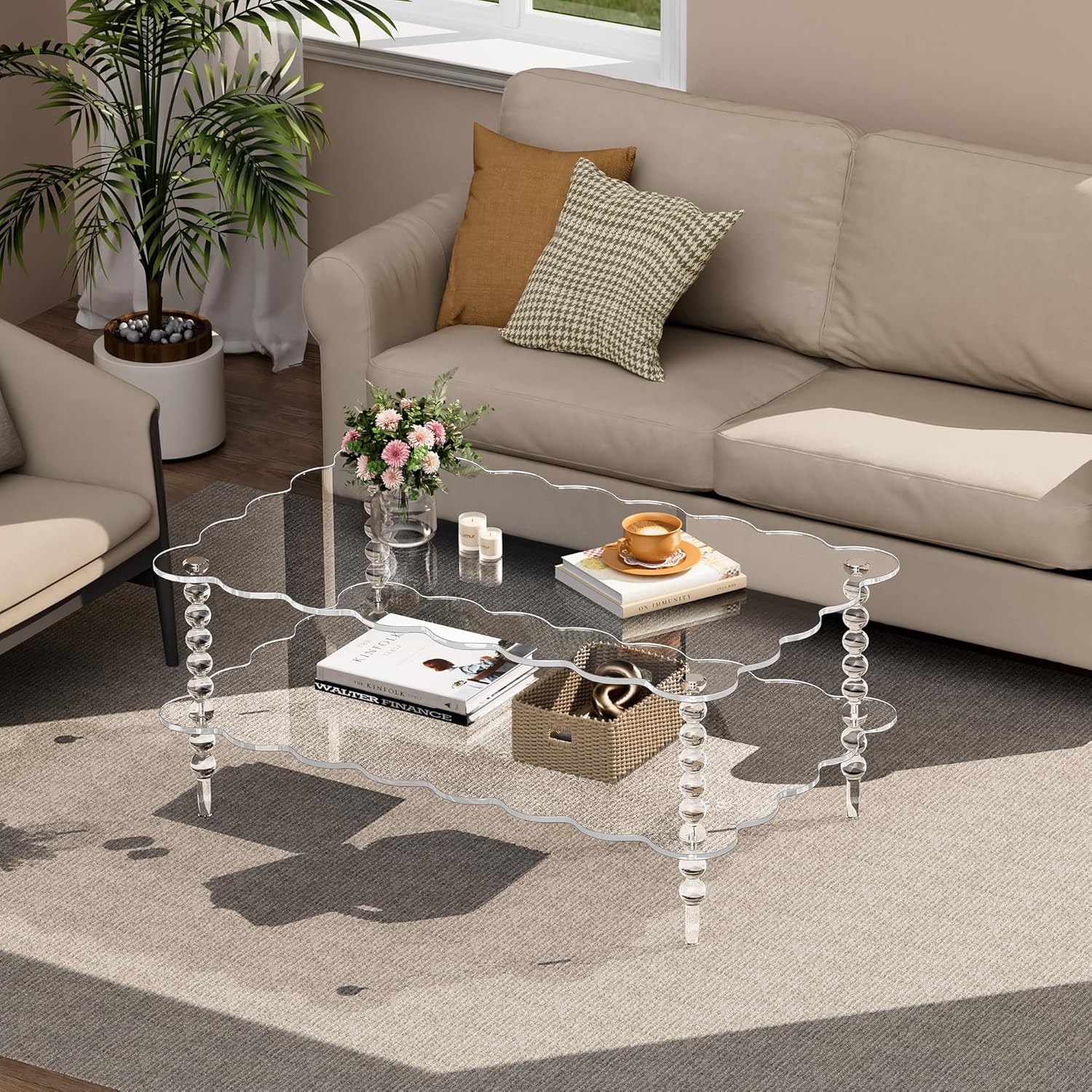 Acrylic Coffee Table, 2-Tier Living Room Table with Storage, Center Table Mid-Modern Century for Living Room, Easy to Assemble (Clear, 37.8“×23.6“×15.7”)