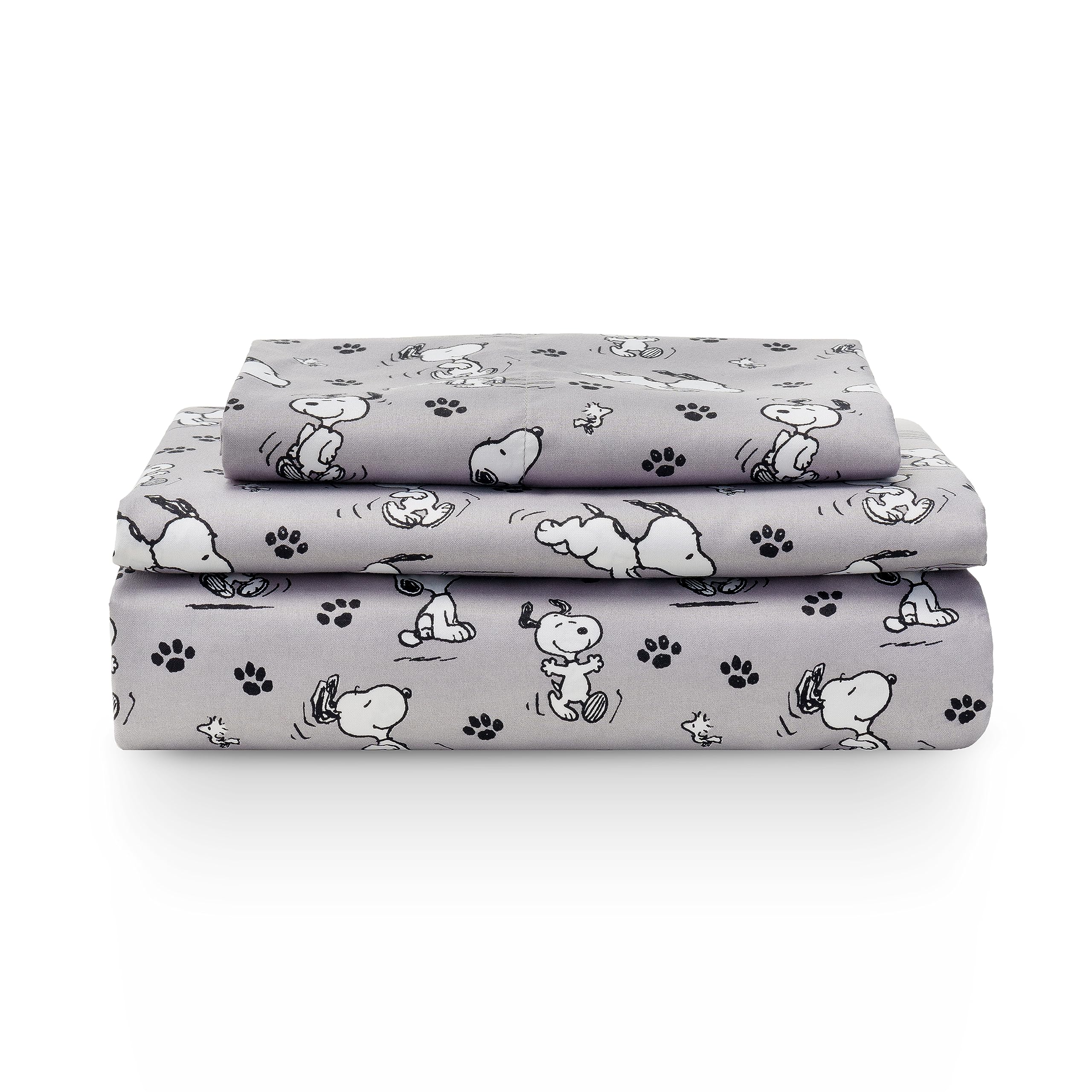 Zestaw pościeli Berkshire Blanket Peanuts® dla dzieci, rozmiar pełny - 4 części, Peanuts® mini pozy i łapy szare, urocze postacie Snoopy nadrukowane na miękkich mikrofibrowych prześcieradłach