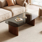 Modern Glass Coffee Table, Artistic Rectangular Coffee Table with Tempered Glass Top and Geometric Wooden Base, Designer Minimalist Center Table for Living Room, Small Space, Apartment, Office