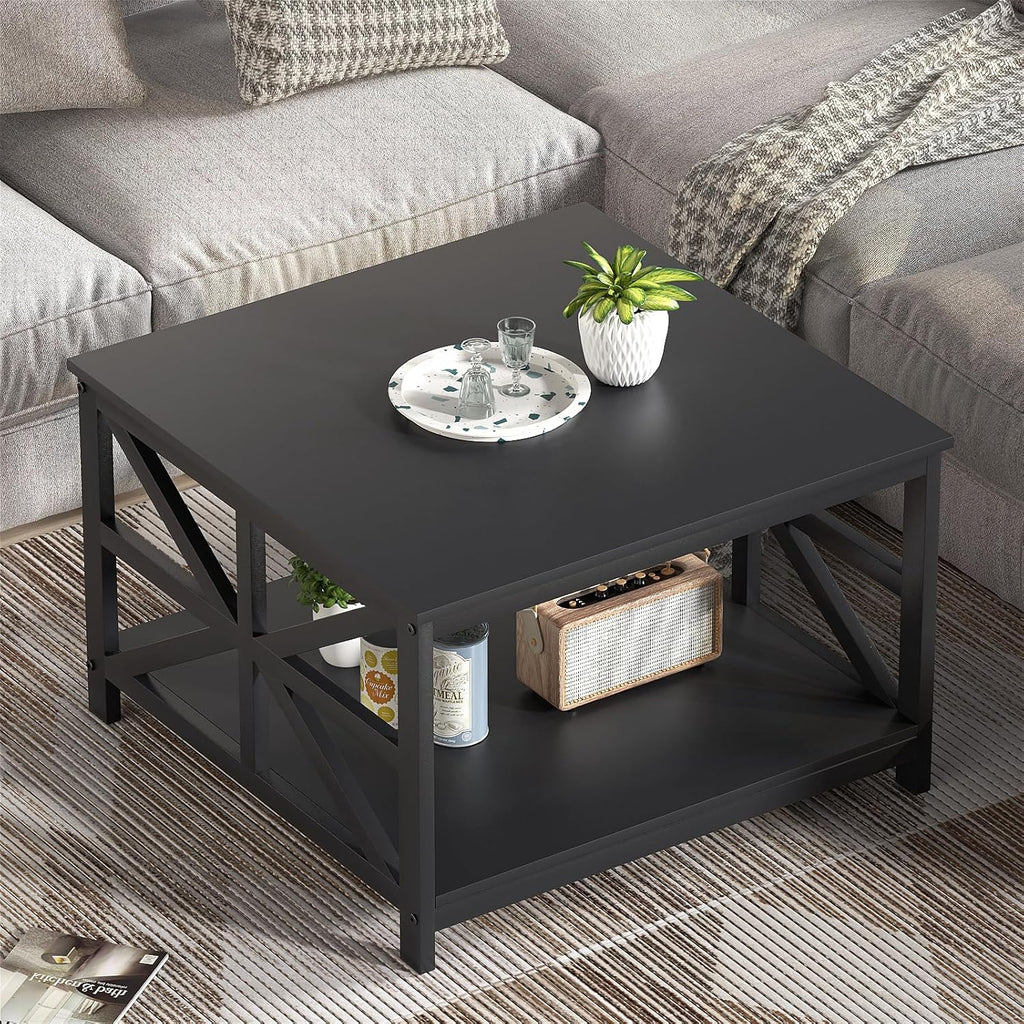 GreenForest Coffee Table with Storage for Living Room, Small Square Center Tables with Seamless One-Piece Tabletop Farmhouse Style, Black