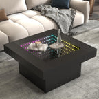 FKWin Black Modern Coffee Tables - Endless Depth Mirror Square Coffee Table with LED Lights, Black Table for Living Room, Tempered Glass-Top Center Tables, 31"