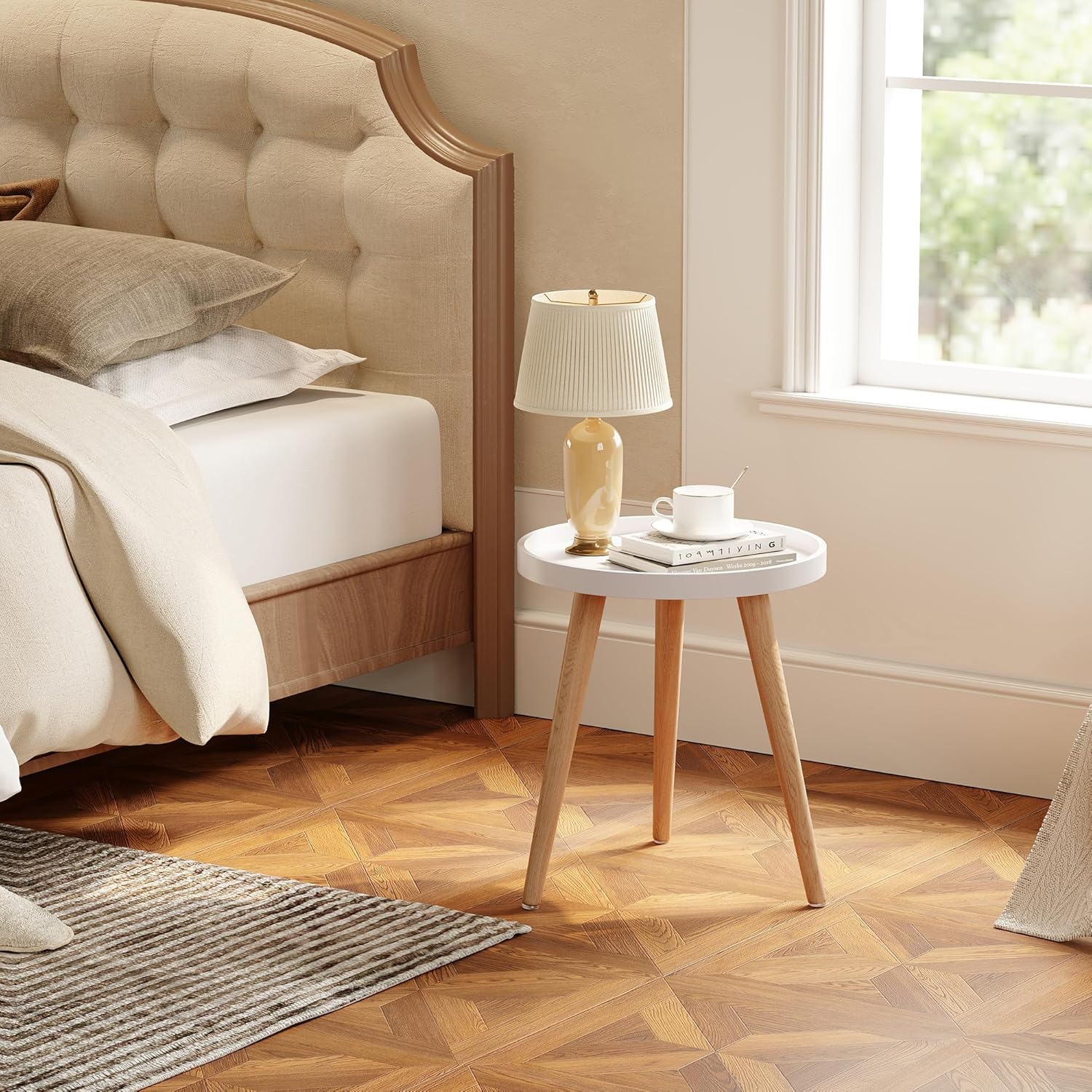 Apicizon Round Side Table, White Tray Nightstand Coffee End Table for Living Room, Bedroom, Small Spaces, Easy Assembly Bedside Table, 15 x 18 Inches