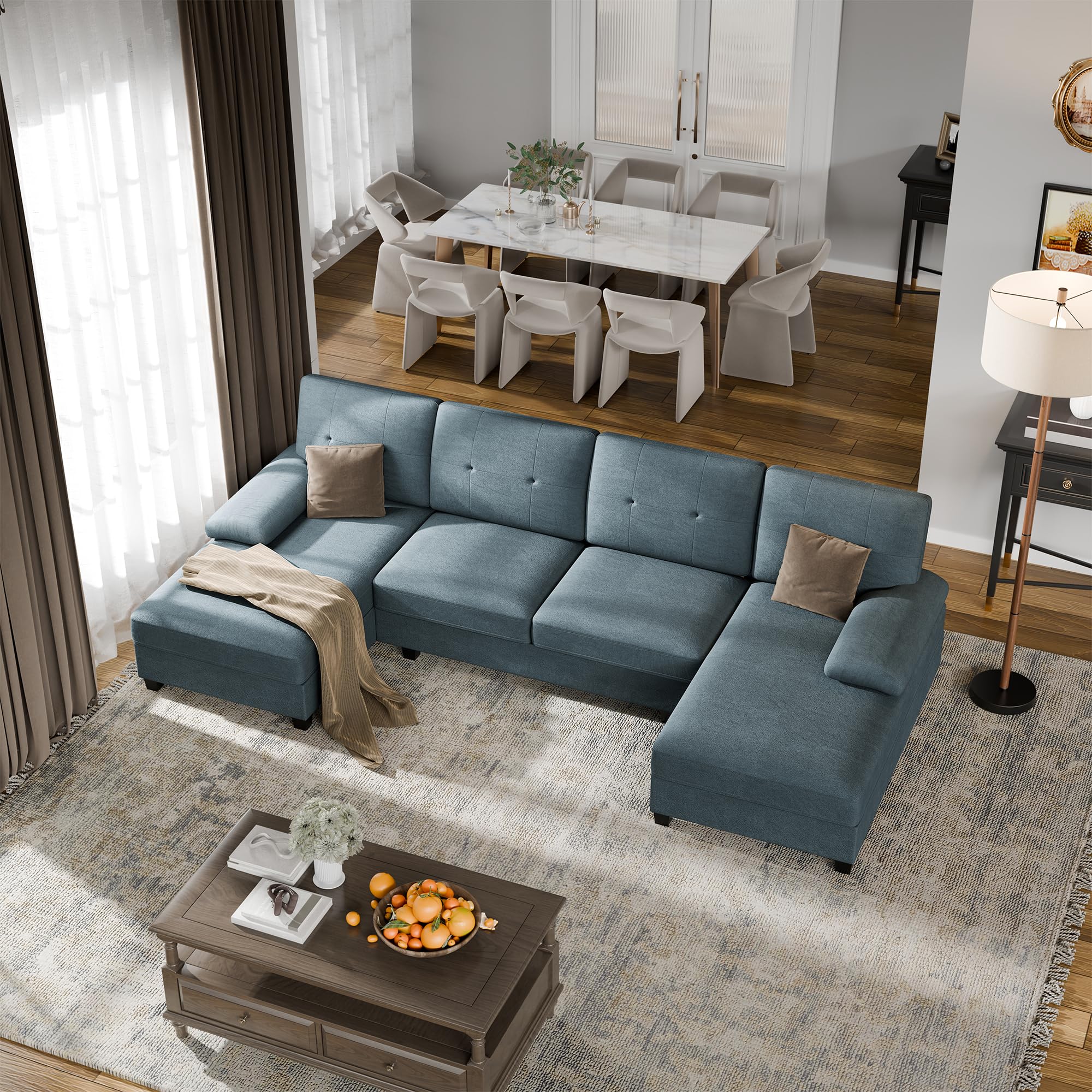 Walsunny Sectional Couches for Living Room, Convertible U-Shaped Sofa Couch with Double Chaise, 4 Seat Sofa Set Modular Sofa Couch for Apartment, Black