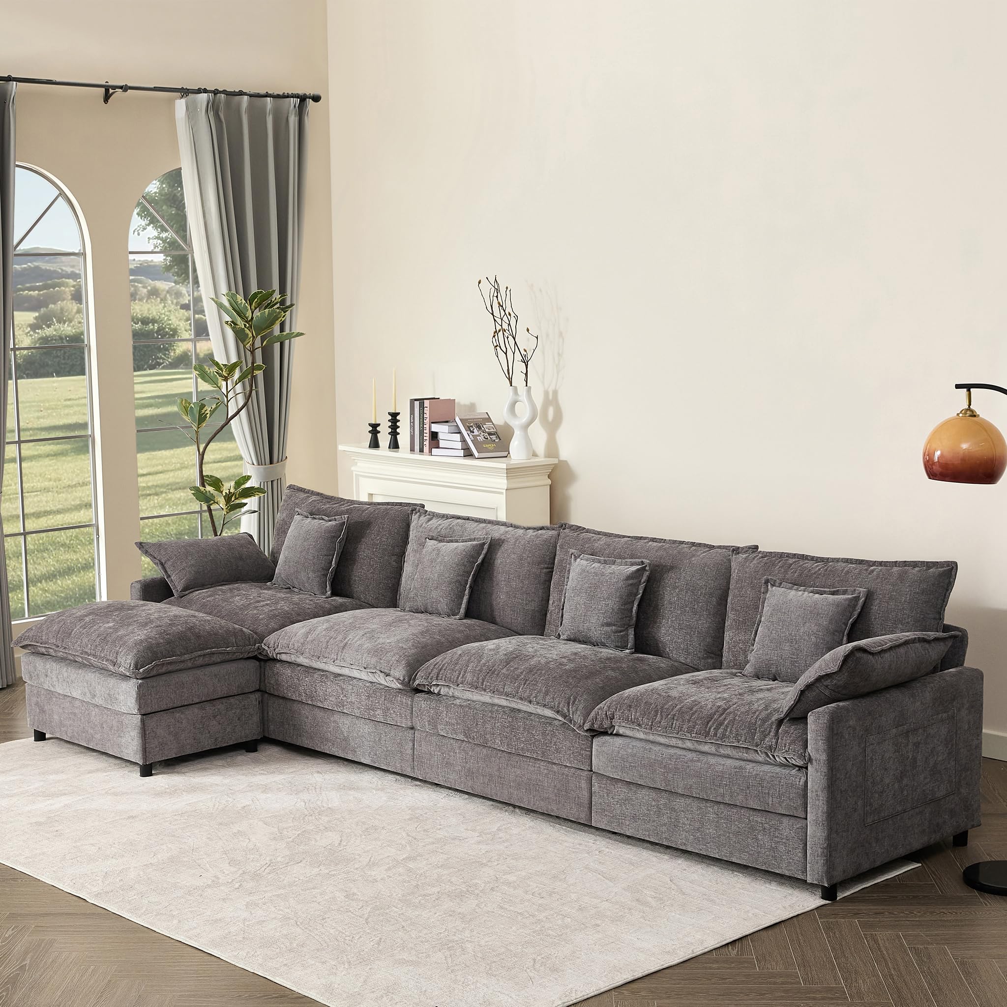 108" U Shaped Couch, Modular Sectional Sofa, 3-Seater Comfy Cloud Couch with Movable Ottoman, Deep Seat Couches for Living Room, Chenille, Black