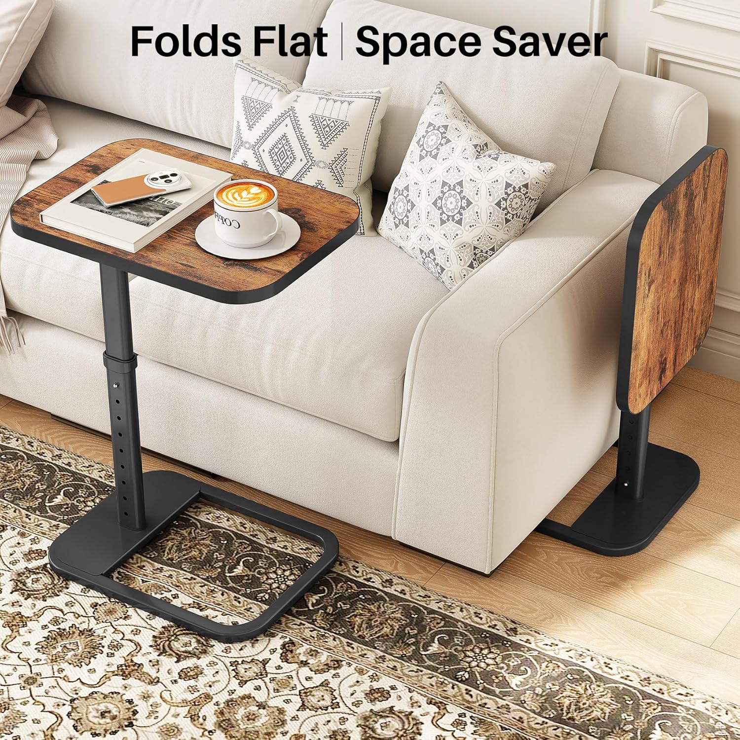 Kitstorack TV Tray Table, Adjustable Height & Flip-Top & Rounded Metal Corners, Snack Table for Couch, Sofa, Bed, Chair, Living Room, C Shaped End Side Table for Eating, Dinner or Laptop, Small Spaces