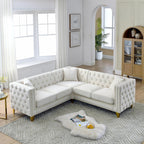 Ball & Cast 82" Velvet Corner Chesterfield Sofa, L-Shaped Sectional Couch with Nailhead Trim & 3 Cushions for Living Room, Bedroom, Apartment, Office,Beige