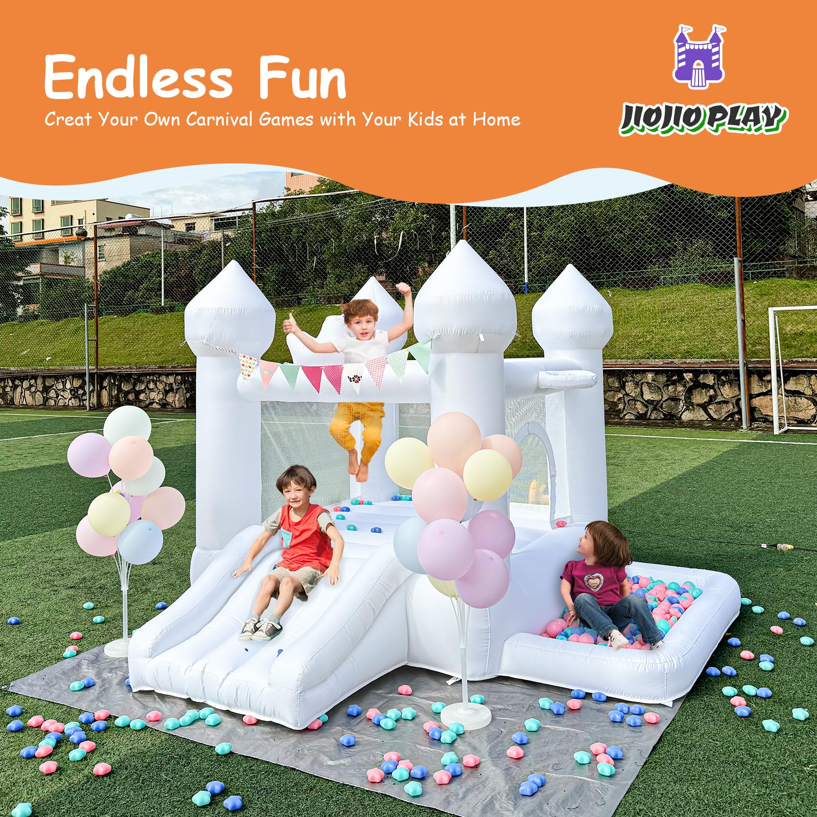 JIOJIOPLAY 9FT White Bounce House,Inflatable Toddler Bouncy House for 3-6 Age Kids Party Gift with Blower White Jumper Bouncy Castle Wedding Decorations for Outdoor Play Backyard - Grand Goldman
