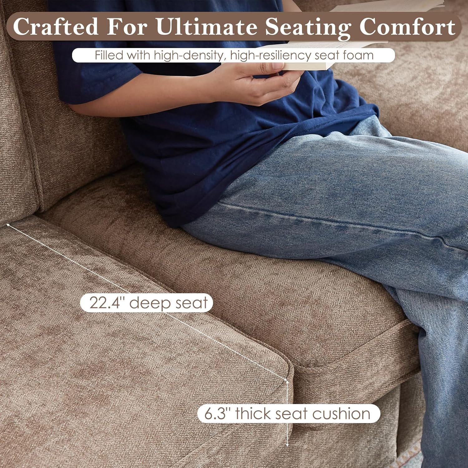 Rolled Arm Sofa with Nailhead Trim, 81.5" Living Room Couch, Comfy 3 Seater Chenille Fabric Couches, w/Deep Seat, Upholstered Brown Sofa for Bedroom, Apartment, Home Theater, Office