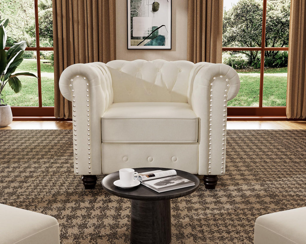 Morden Fort Classic Chesterfield Sofa Set 82'', Tufted Sofa Couch Set with Solid Wood Legs Thick Cushion, Pet-Friendly 3-Seater Sofas Couches for Living Room Bedroom Apartment - Linen Beige