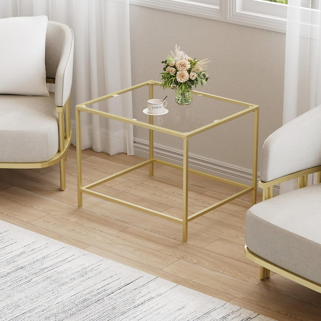 Glass Coffee Table, Modern Rectangular Coffee Table for Living Room, Minimalist Center Tea Table with Sturdy Metal Frame for Apartment, Office, Easy Assembly, 23.6 x 19.7 x 17.7 Inches, Golden