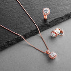 Mariell Rose Gold CZ Crystal Necklace & Clip On Earrings Jewelry Set, 10mm Solitaire with Stud Earrings
