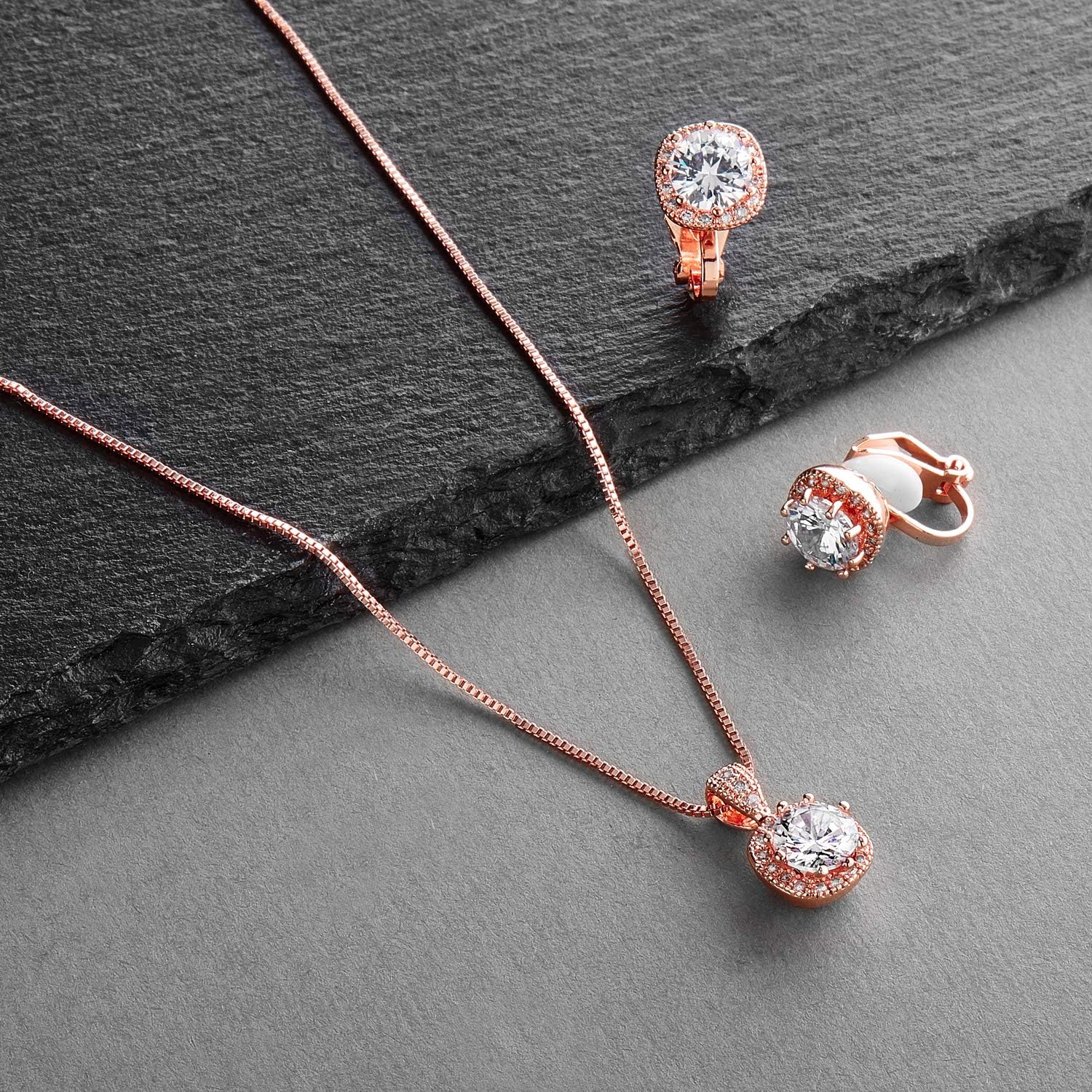 Mariell Rose Gold CZ Crystal Necklace & Clip On Earrings Jewelry Set, 10mm Solitaire with Stud Earrings