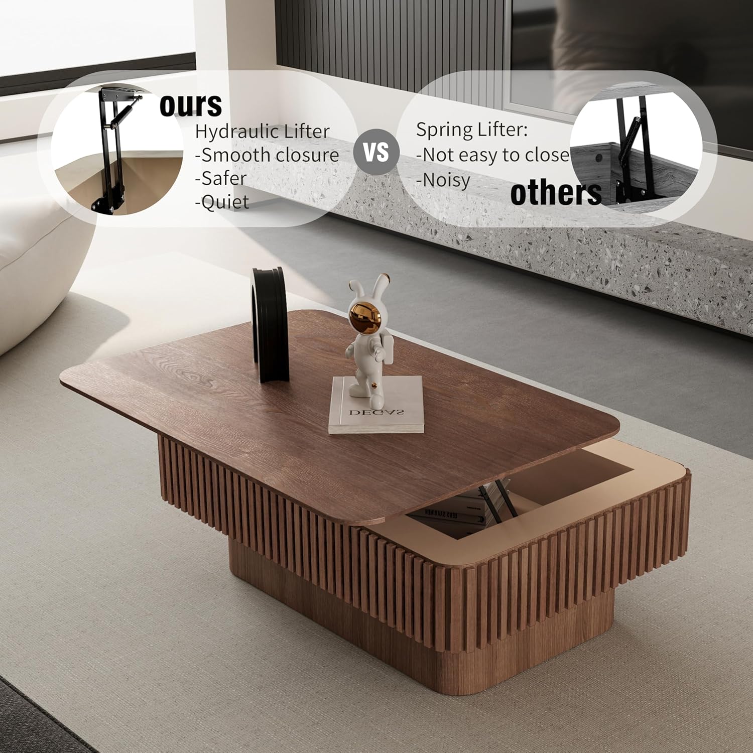 Lift Top Coffee Table with Storage for Living Room Mid Century Modern Coffee Table with Lifting Top Wood Fluted Coffee Tables with Lifts Up Tabletop for Home Apartment Office 38.6" Walnut Rectangle