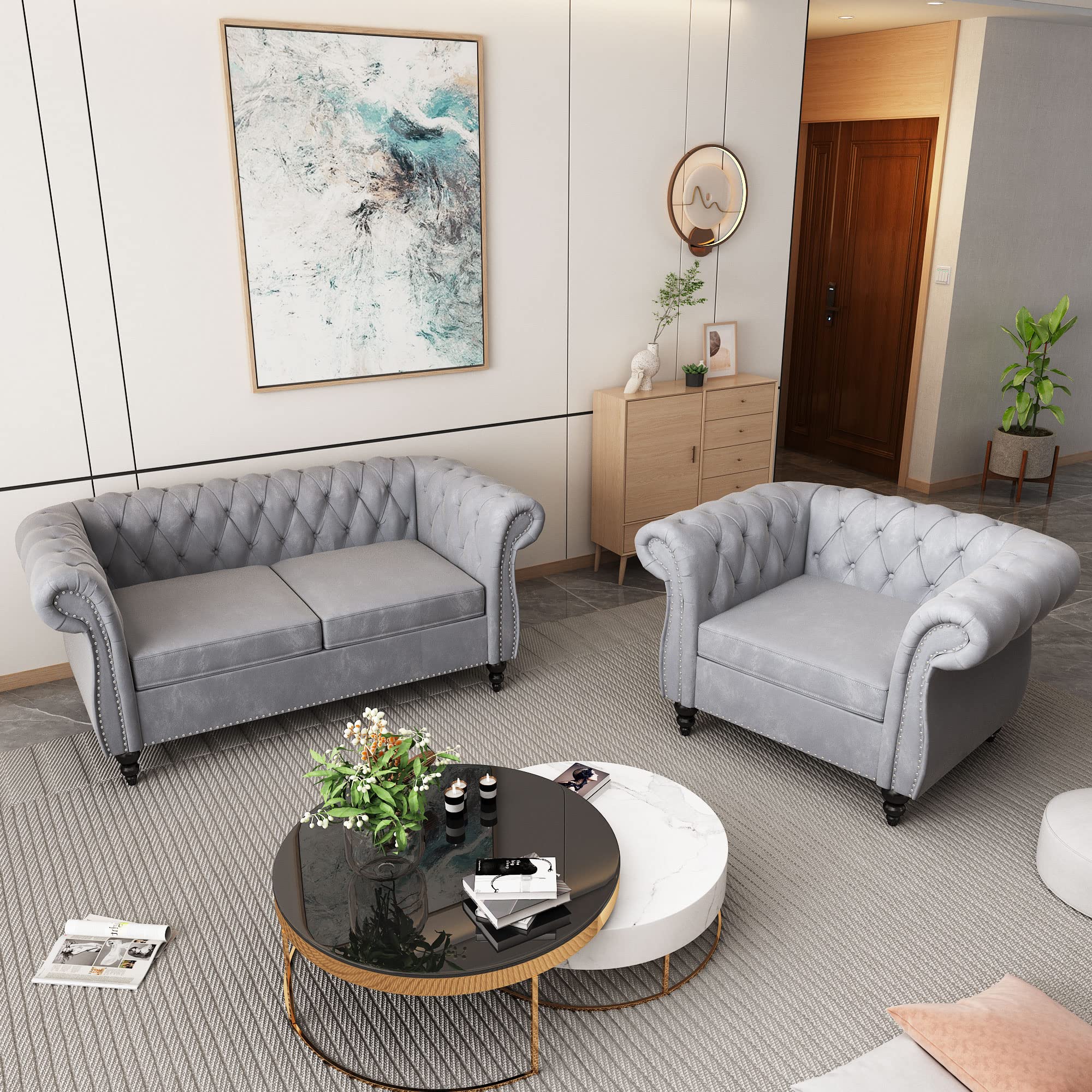 AVZEAR 3-Piece Living Room Sectional Sofa Set, Green Velvet Couch Upholstered Sofa Modern Sofa Couches Set Style Button Tufted, Velvet Chesterfield Sofa for Living Room Apartment, 1+2+3 Seat Green