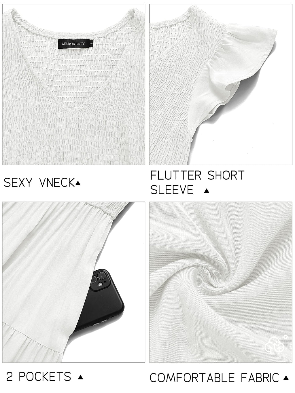 MEROKEETY Women's 2024 Summer Smocked V Neck Tiered Swing Long Midi Dress with Pockets, White, L