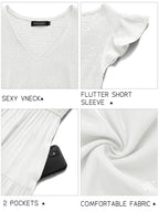 MEROKEETY Women's 2025 Summer Smocked V Neck Tiered Swing Long Midi Dress with Pockets, White, M