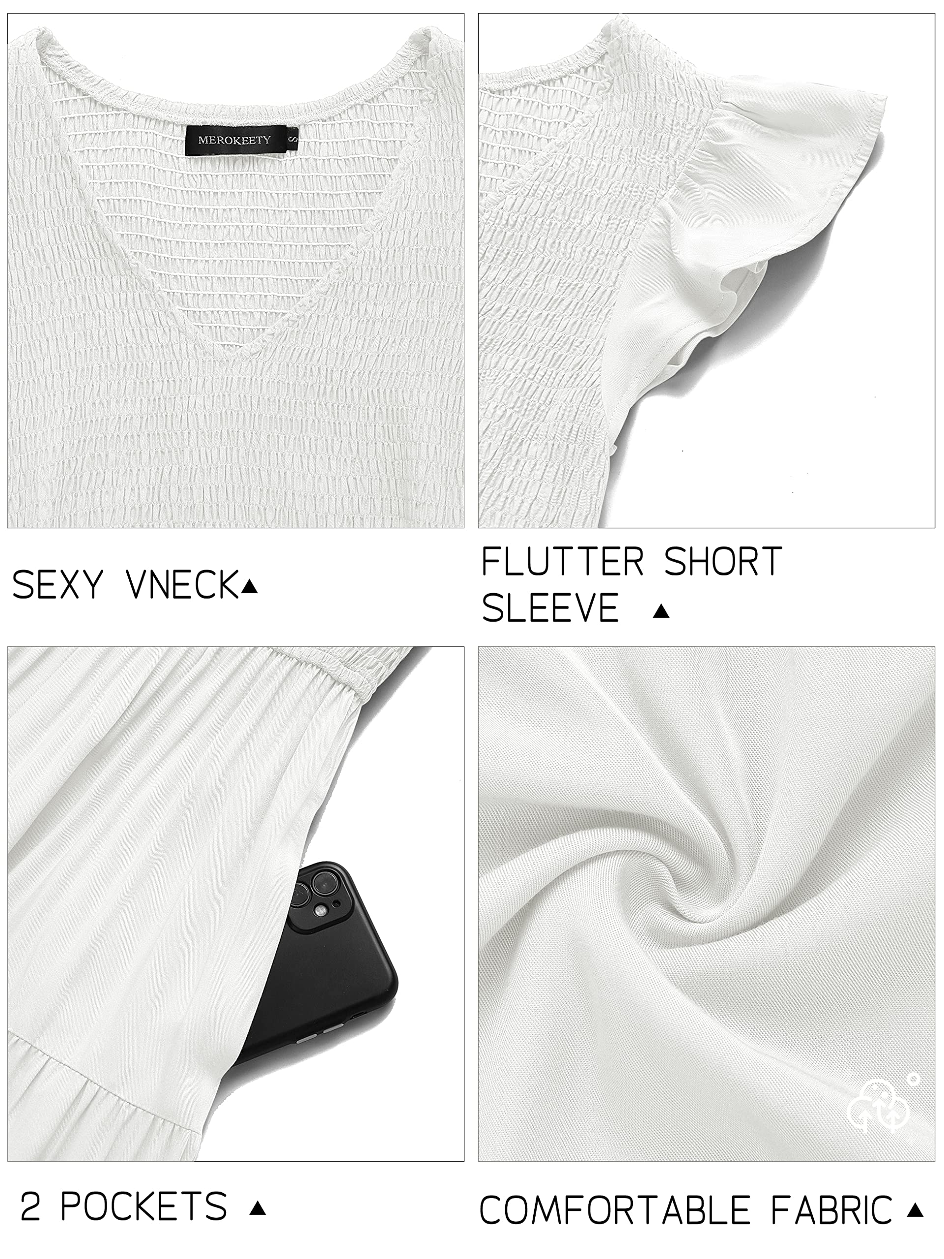 پیراهن بلند میدی تابستانی زنانه MEROKEETY مدل 2025 با یقه هفت چین‌دار و چند لایه، سفید، سایز M