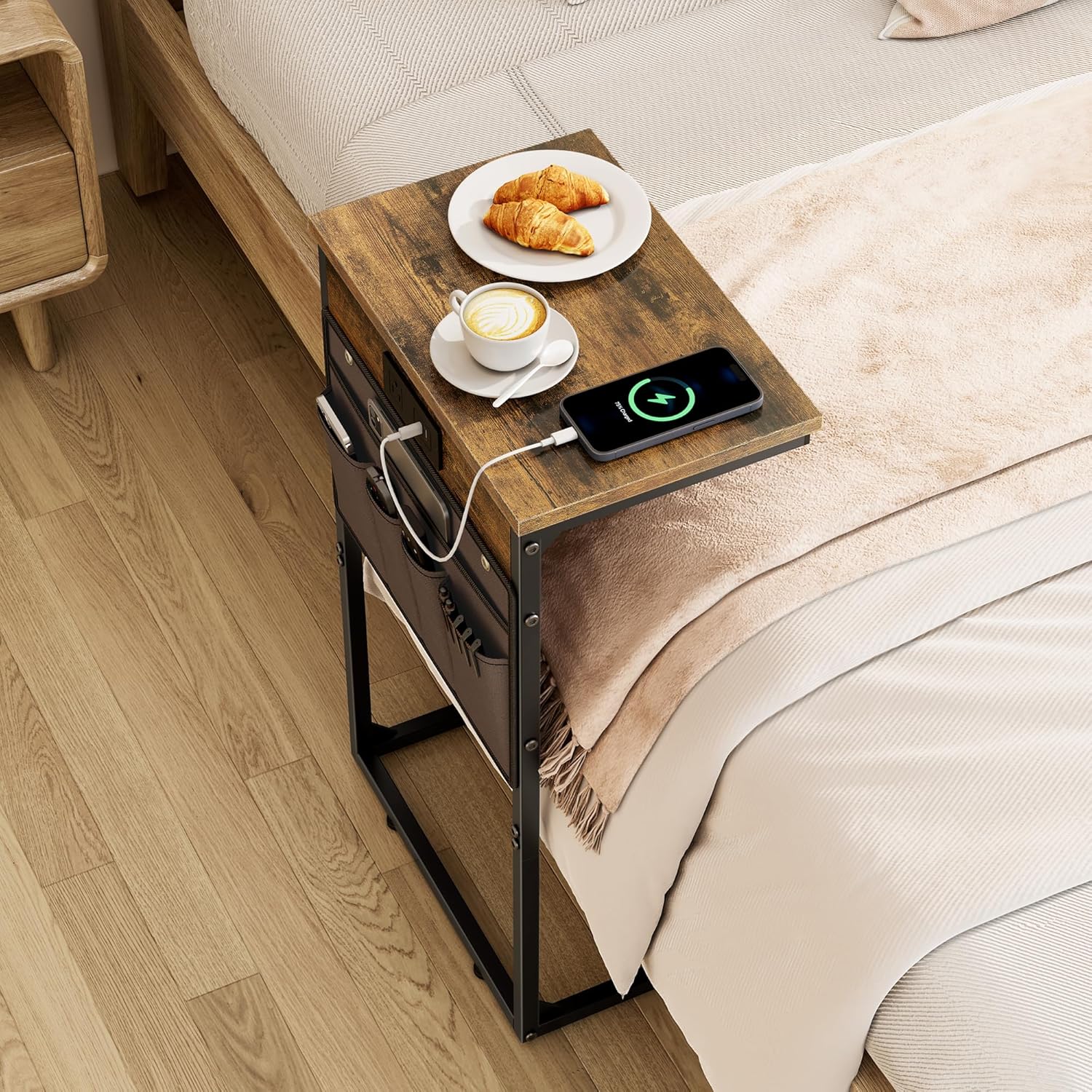 Vagusicc C Shaped End Table with Charging Station, 28" Tall Side Table for Couch, Sofa Table Small Couch Side Coffee Tables, Slide Under Sofa TV Tray Arm C Table for Living Room, Bedroom, Bedside