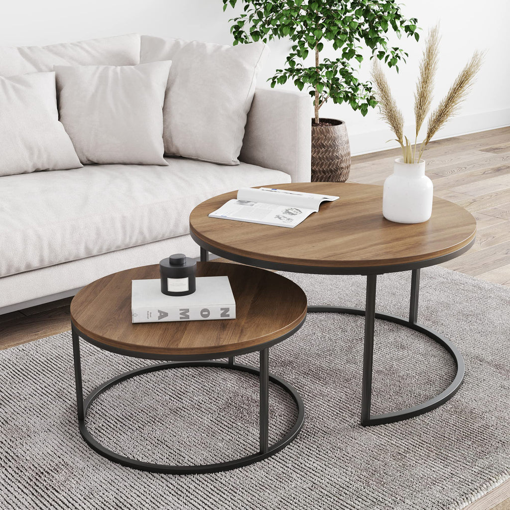 Nathan James Kendall Round Modern Nesting Coffee Set of 2, Stacking Living Room Accent Tables, Light Brown