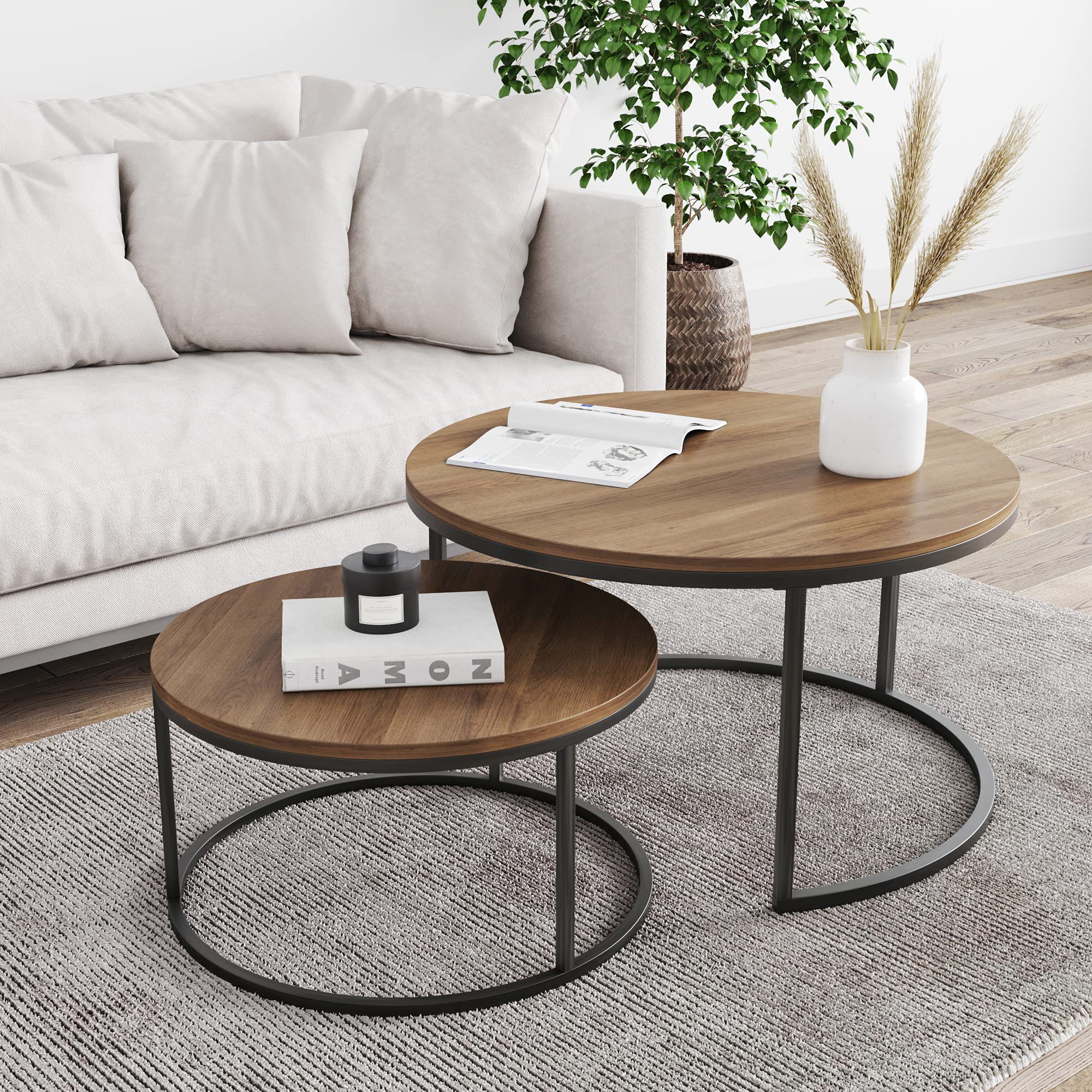 Nathan James Kendall Round Modern Nesting Coffee Set of 2, Stacking Living Room Accent Tables, Light Brown