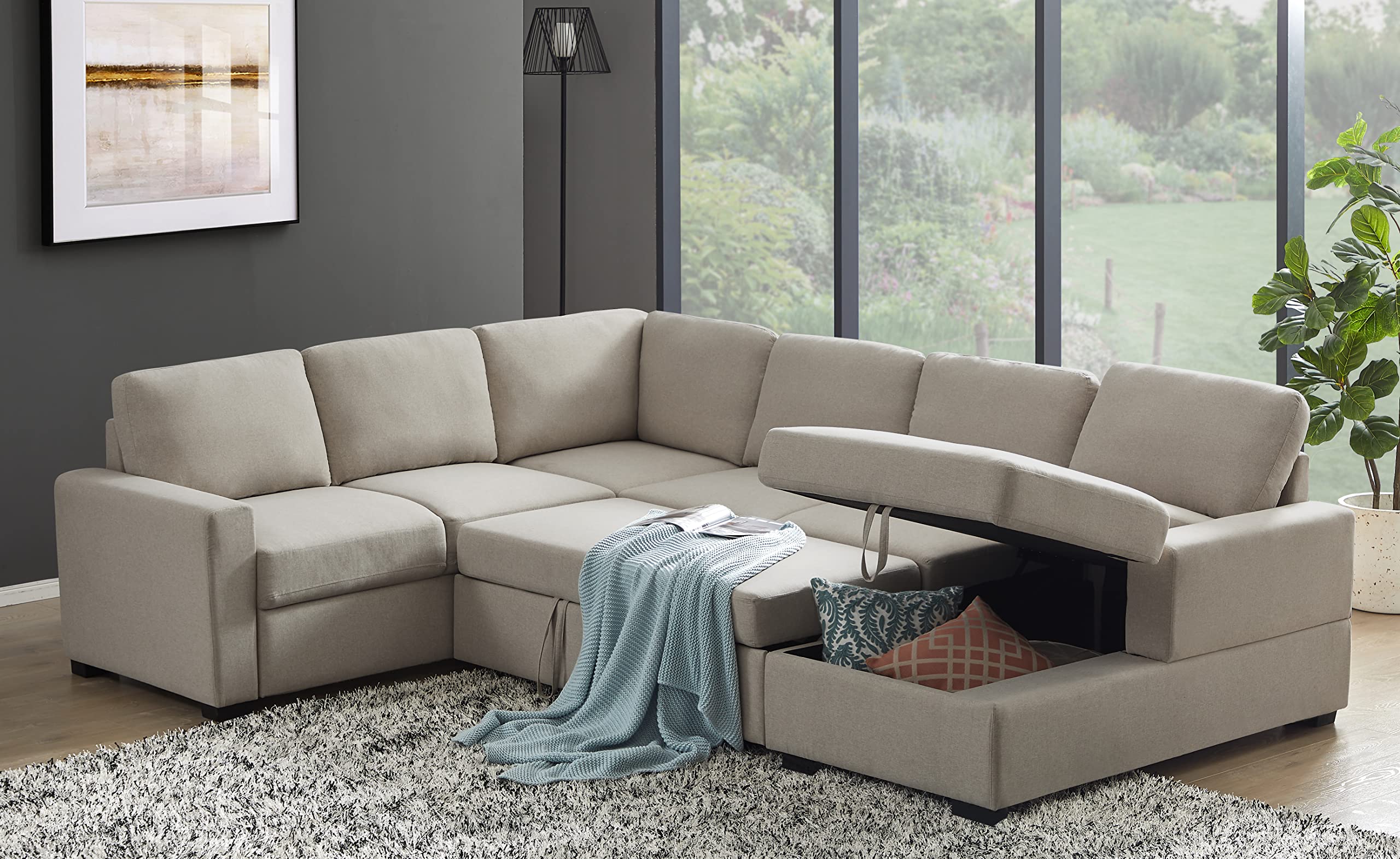 Oversized U-Shaped Sleeper Sectional Sofa Modern Fluffy Corduroy Upholstered Corner Convertible Sofabed with Pull Out Sleeper Couch Bed ,Storage Left Chaise and Pillows for Living Room Furniture Sets