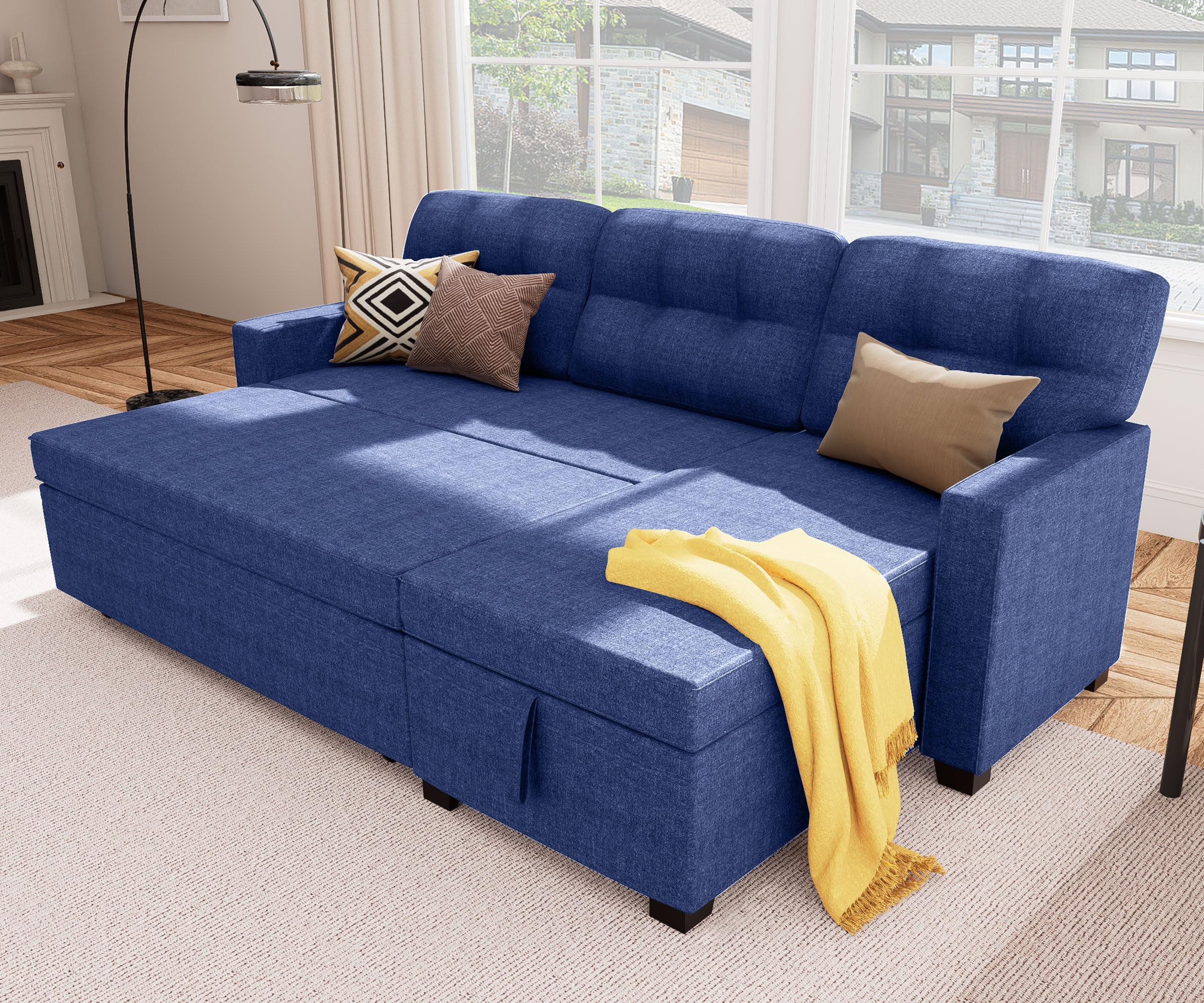 Reversible Sectional Sofa Couch, Sleeper Sofa Bed with Storage Chaise Pull Out Couch for Living Room | Hidden Stroge | Pull Out Bed | Removable Backrest | Linen Fabric, DeepGrey