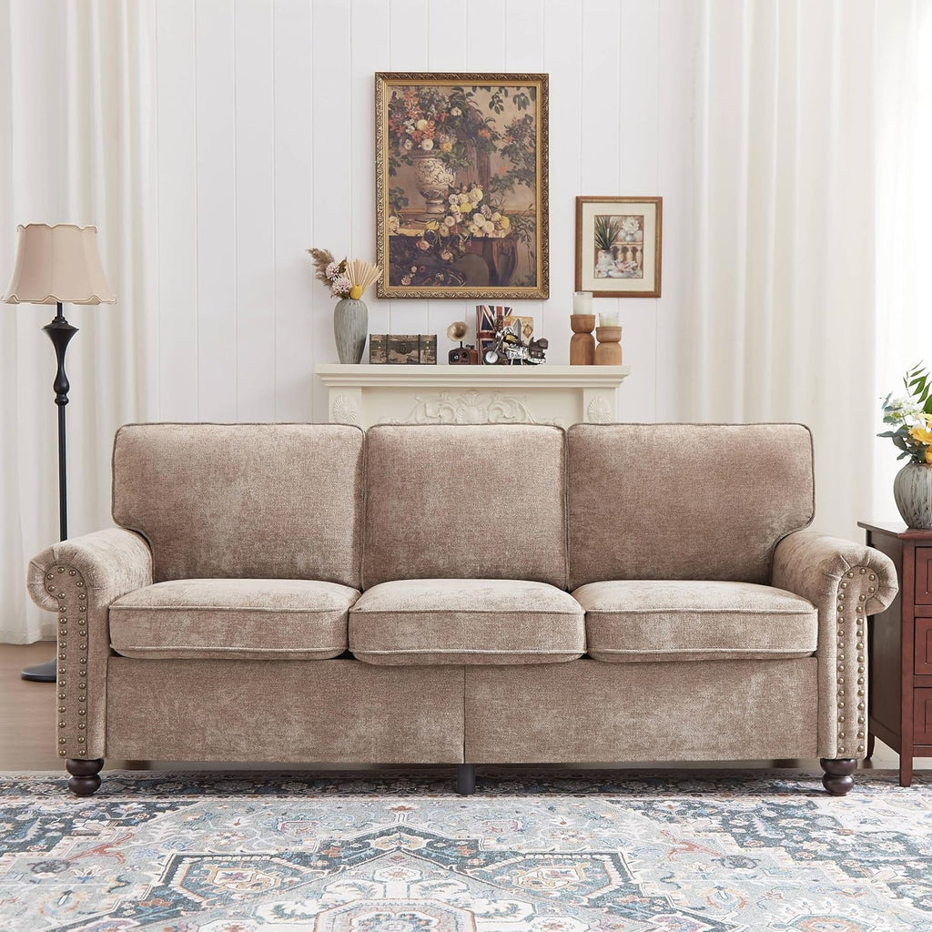 Rolled Arm Sofa with Nailhead Trim, 81.5" Living Room Couch, Comfy 3 Seater Chenille Fabric Couches, w/Deep Seat, Upholstered Brown Sofa for Bedroom, Apartment, Home Theater, Office