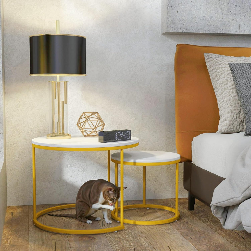 Round Nesting Coffee Tables Set: White Gold Marble Nesting Coffee Table Set of 2 - Modern Metal Stacking Side Table for Living Room Small Spaces