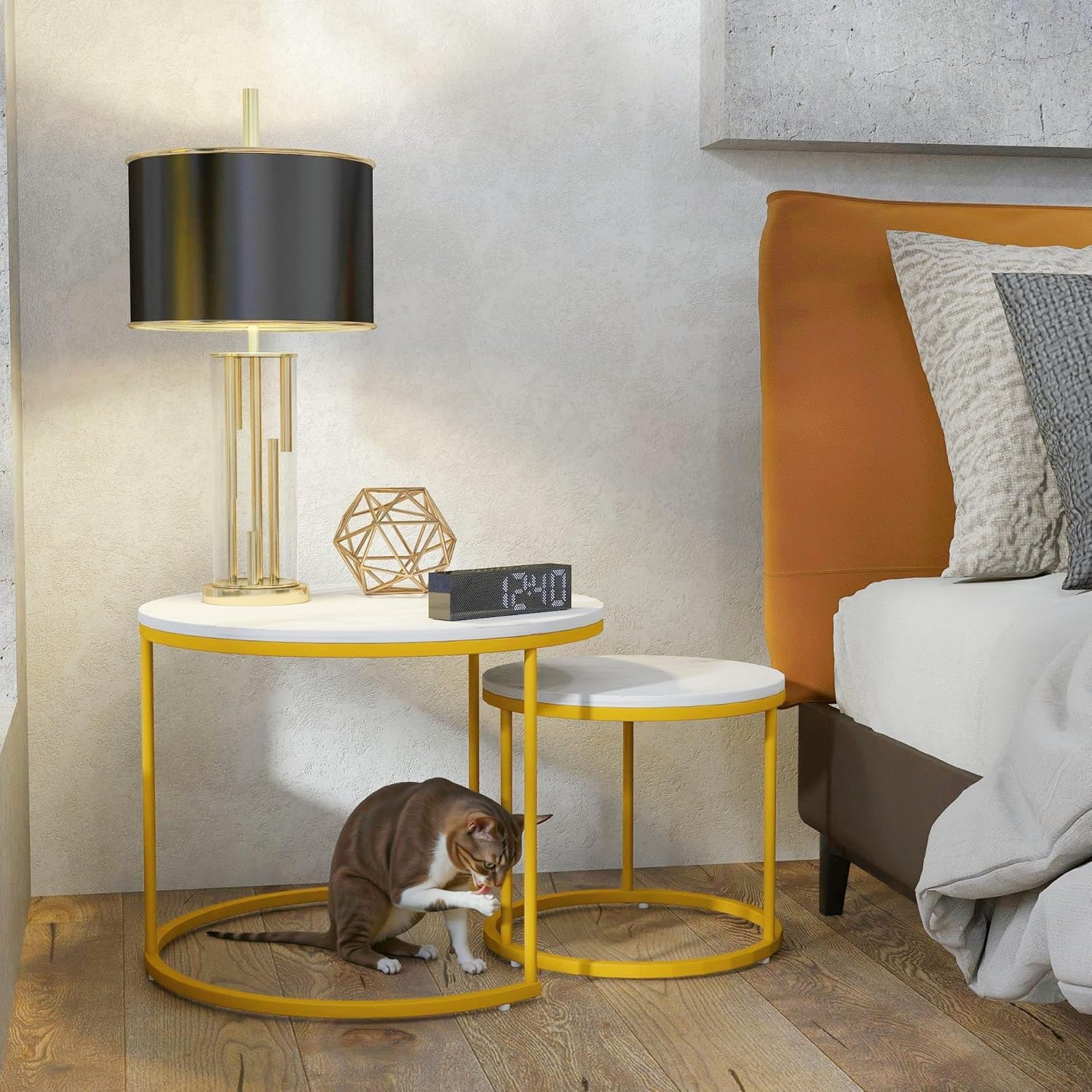 Round Nesting Coffee Tables Set: White Gold Marble Nesting Coffee Table Set of 2 - Modern Metal Stacking Side Table for Living Room Small Spaces