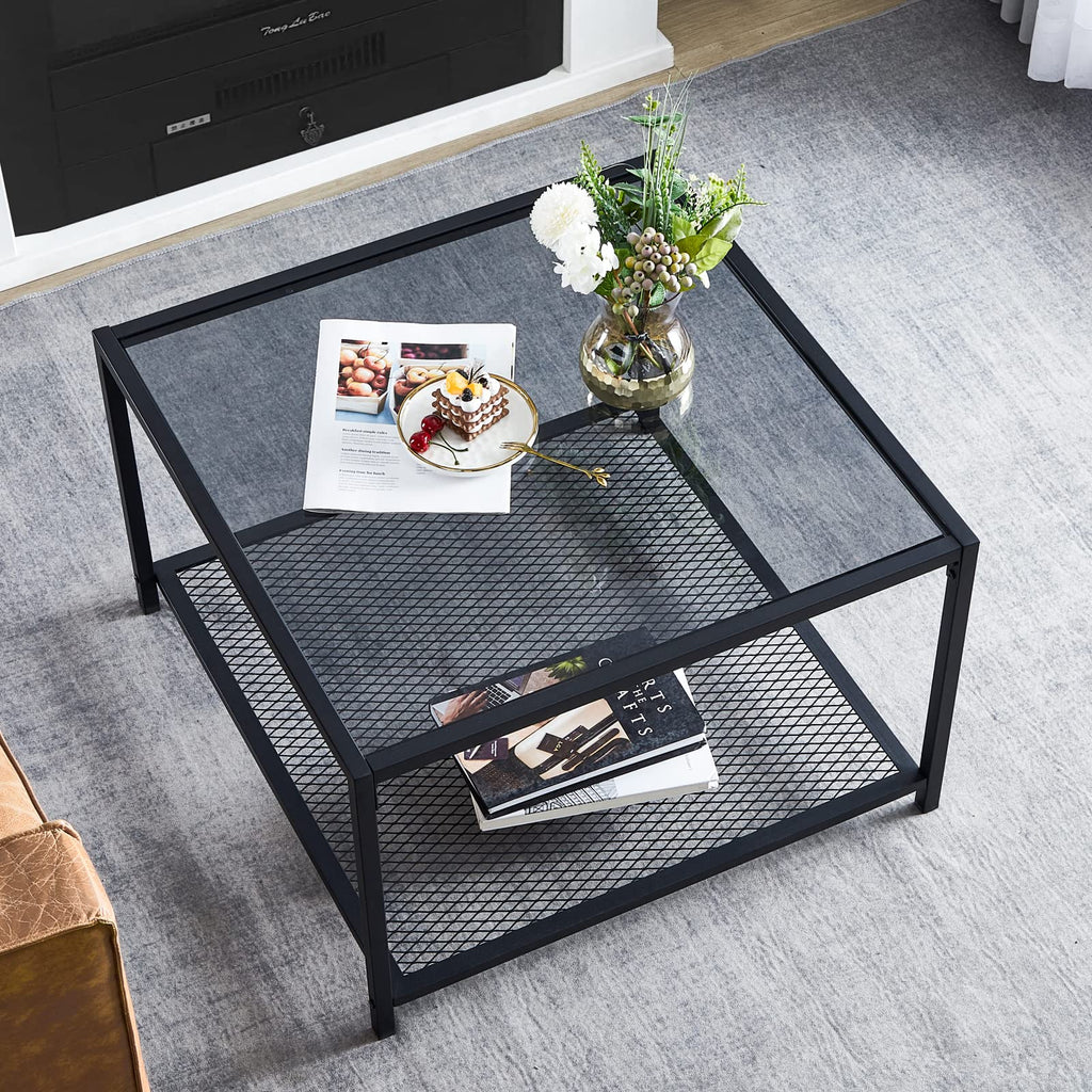 SAYGOER Modern Coffee Table Small Glass Coffee Table with Storage 2-Tier Simple Square Center Table for Living Room Home Office Sofa Table with Metal Frame 26.7 x 26.7 x 17.7 Inches, Gray Black