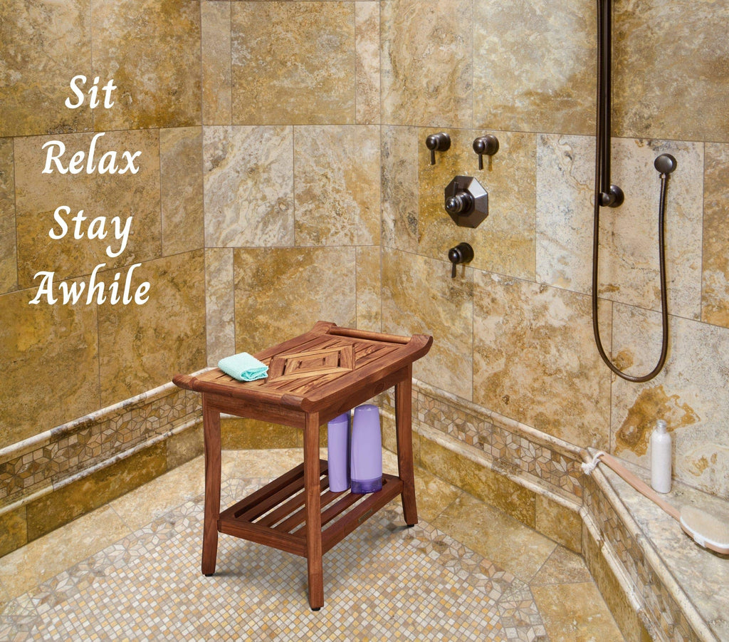 Luxury Teak Shower Bench Stool Seat Chair with Leveling Feet, Waterproof, Teak Oil Finish, Large, 25x19x14, for Bathroom, Spa, Sauna, Pool Deck, Patio, Garden, RV, from Our Diamond Collection
