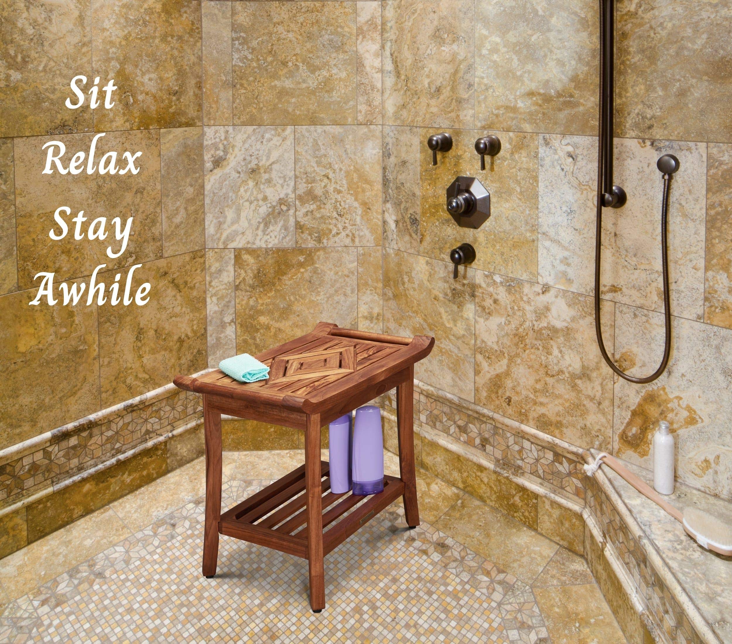 Luxury Teak Shower Bench Stool Seat Chair with Leveling Feet, Waterproof, Teak Oil Finish, Large, 25x19x14, for Bathroom, Spa, Sauna, Pool Deck, Patio, Garden, RV, from Our Diamond Collection