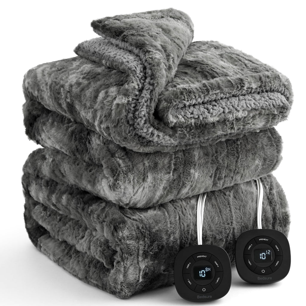 Bedsure Electric Blanket Queen Size - Dual Control Heated Blanket Queen, GentleSoft™ Fast Heating with 10 Time Settings & 10 Heat Settings, Warm Gift for Grandma (84x90 inches, Grey)