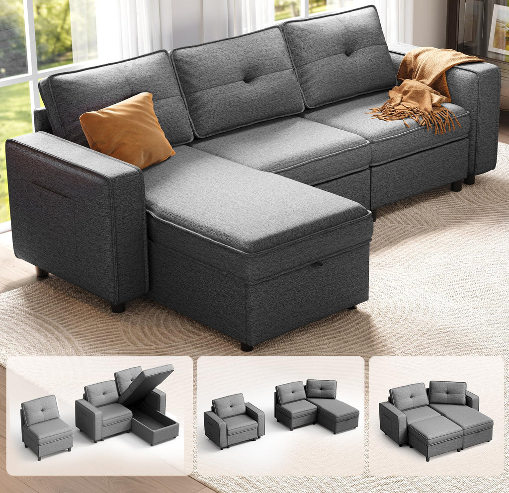 Sleeper Sofa Bed 4-in-1 Convertible Couch, Linen Fabric Love seat Couch with 2 Throw Pillow, Single Recliner for Small Space with 5 Adjustable Angles Backrest