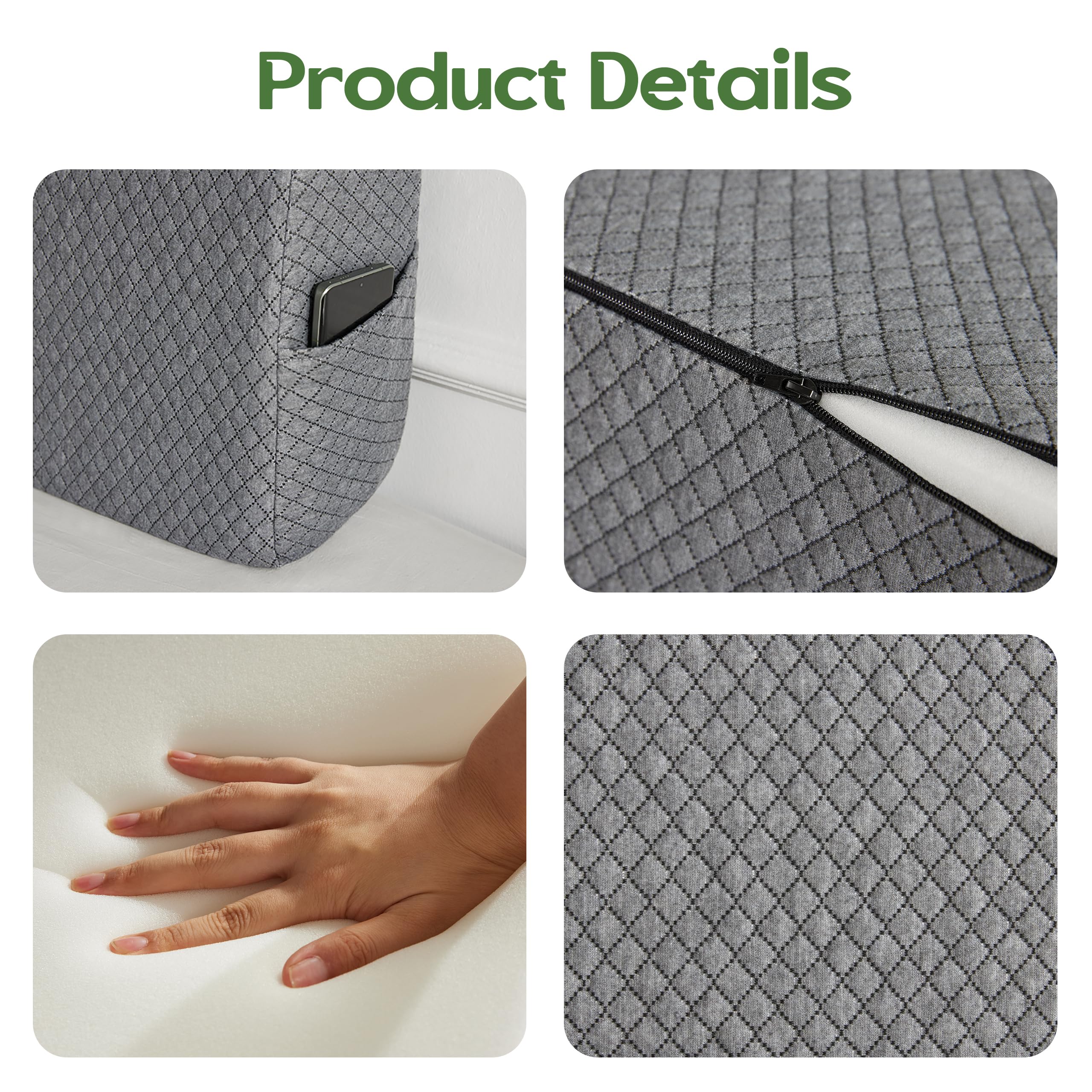 AYEASY Wedge Pillow Headboard, Queen Triangle Headboard Pillow, Bed Wedge Pillow for Headboard, Reading Backrest Pillows for Sitting in Bed Memory Foam, Long Back Rest Pillow Dorm Daybed Grey, Queen