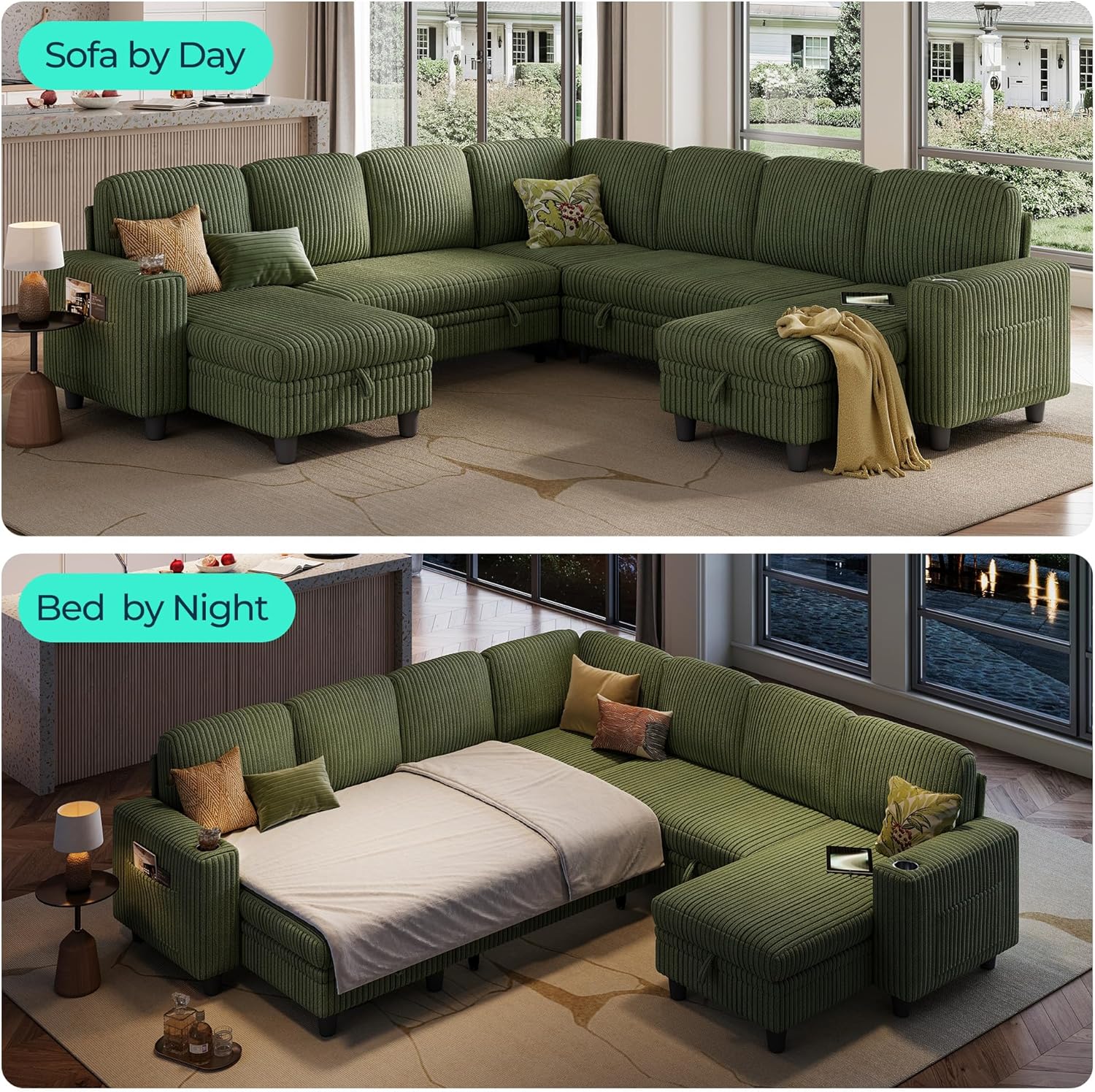 LINSY HOME Sectional Sleeper Sofa with Pull Out Couch Bed - Convertible Plush Corduroy Cloud Couch with Storage Chaise & USB Charging, Comfy Modular Couches for Living Room, Green