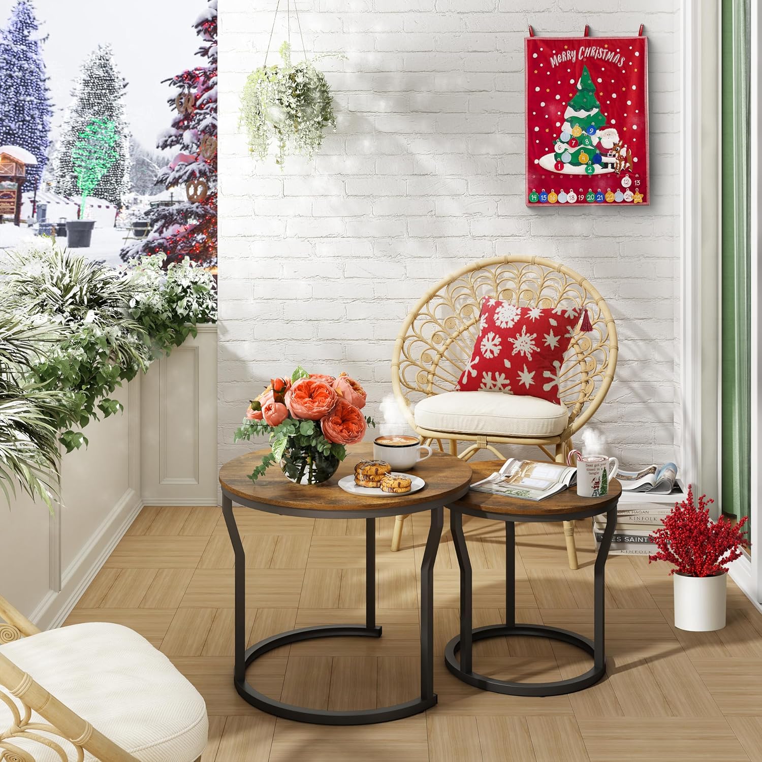 Hoctieon Nesting Coffee Tables, Round Nesting Tables Set of 2, End Tables, Stacking Nesting Tables for Living Room, Circle Coffee Tables, Side Tables Wooden Table Top, Rustic Brown