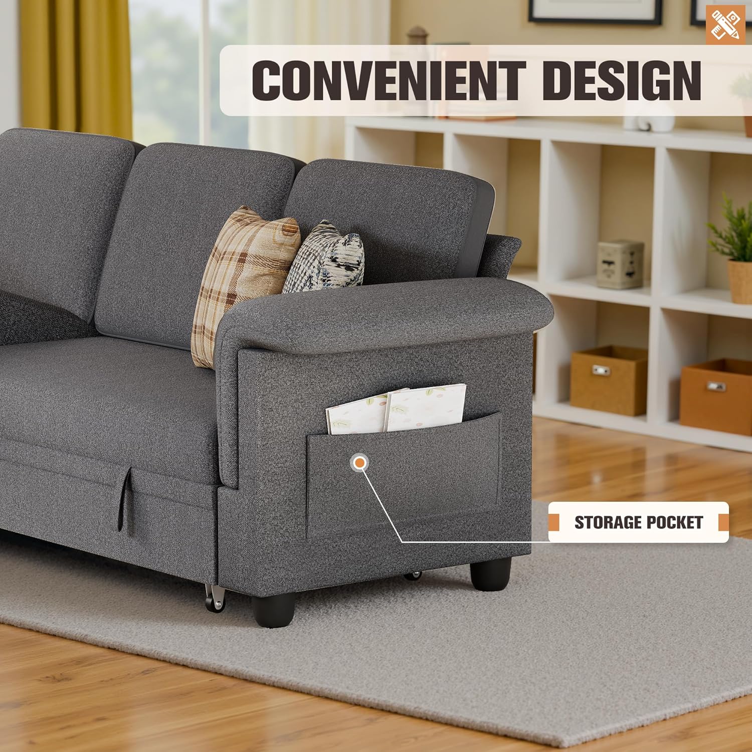 Homall Sleeper Sofa, Pull Out Sofa Couch Bed with Storage Reversible Chaise, L-Shaped Sofas with Side Pocket for Living Room, Small Space (Linen Fabric, Dark Grey)