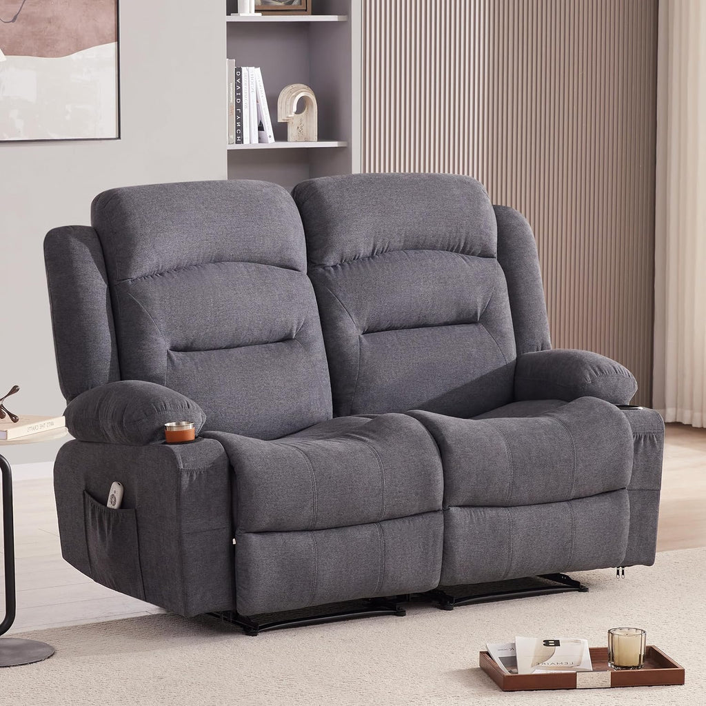 Oversized Recliner Loveseat with Heat and Massage, Wall-Hugger Reclining Sofa with Cup Holders and USB Port, Big Large 2-Seater Double RV Recliner Loveseat for Living Room (Fabric, Grey)