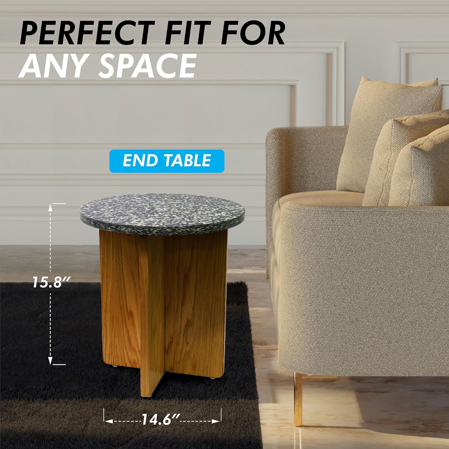 Melino Ocean-Plastic Round Side Table for Living Room, Bedroom, Nightstand with FSC Wood Base, Easy Assembly, Accent/Coffee Table (Stellae Obscura)