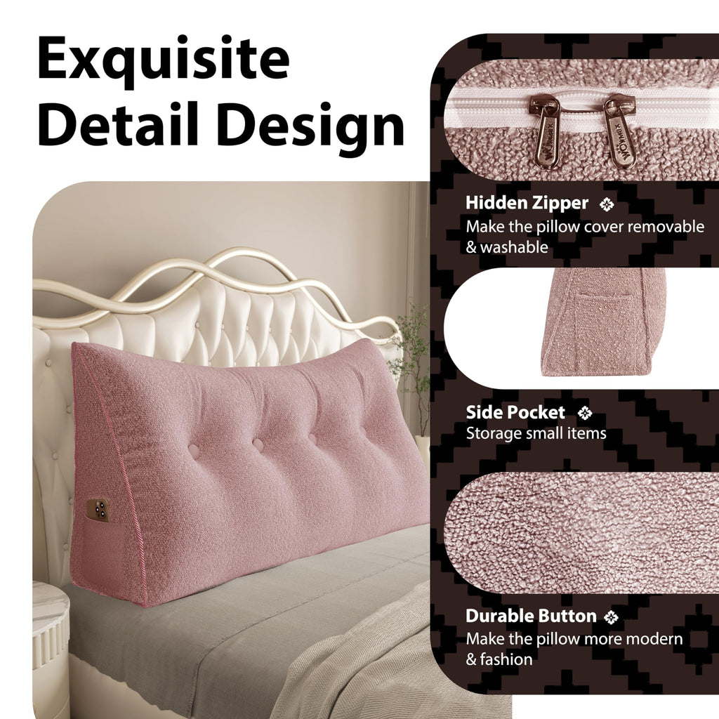 BNCKTRD Triangle Reading Pillow King Size XXL Wedge Headboard Extra Large Back Support Pillow for Sitting up in Bed Daybed Bolster Backrest Cushion Velvet Pink