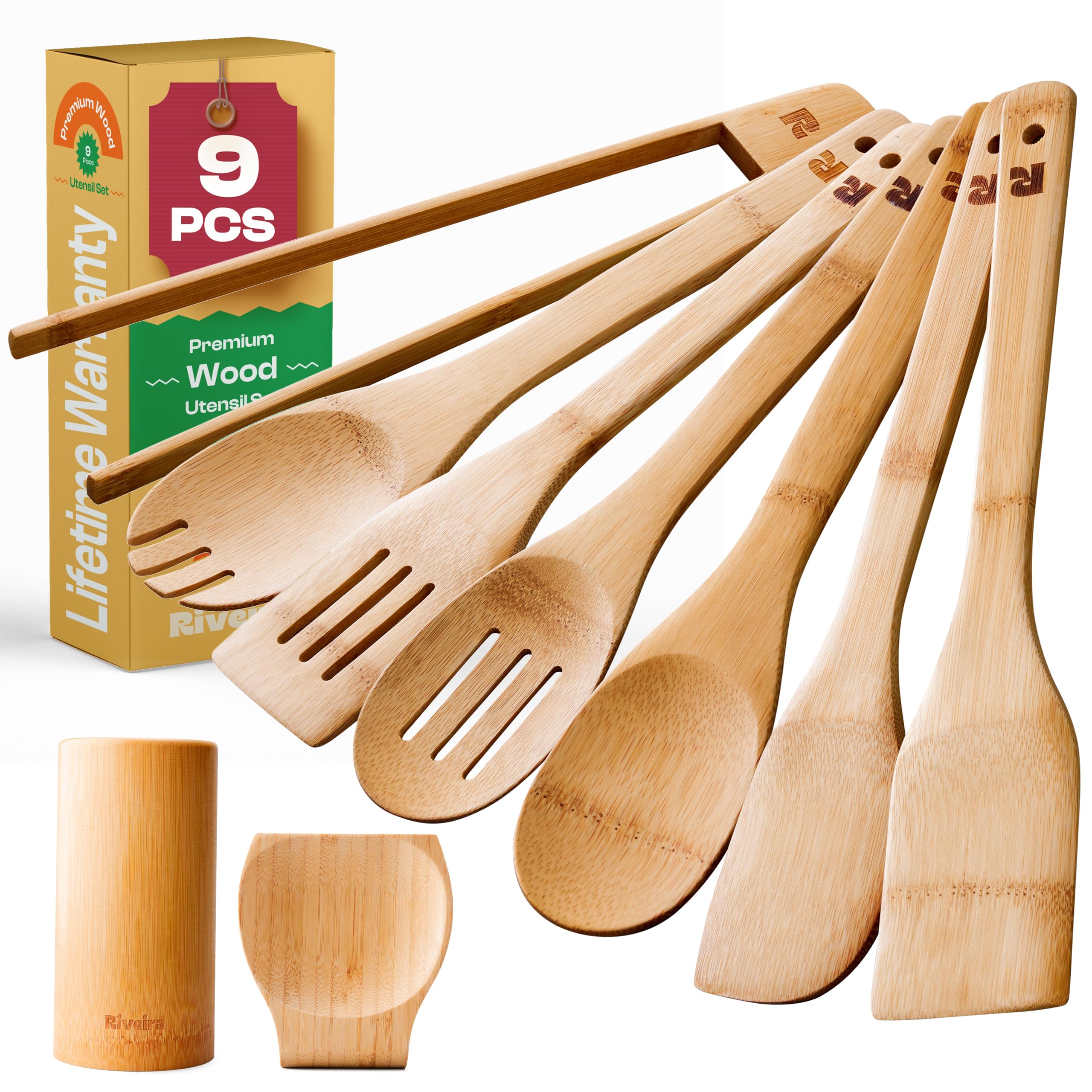 Riveira Dark Bamboo Wooden Spoons for Cooking 3-Piece, Apartment Essentials Wood Spatula Spoon Nonstick Kitchen Utensil Set Premium Quality Housewarming Gifts for Everyday Use