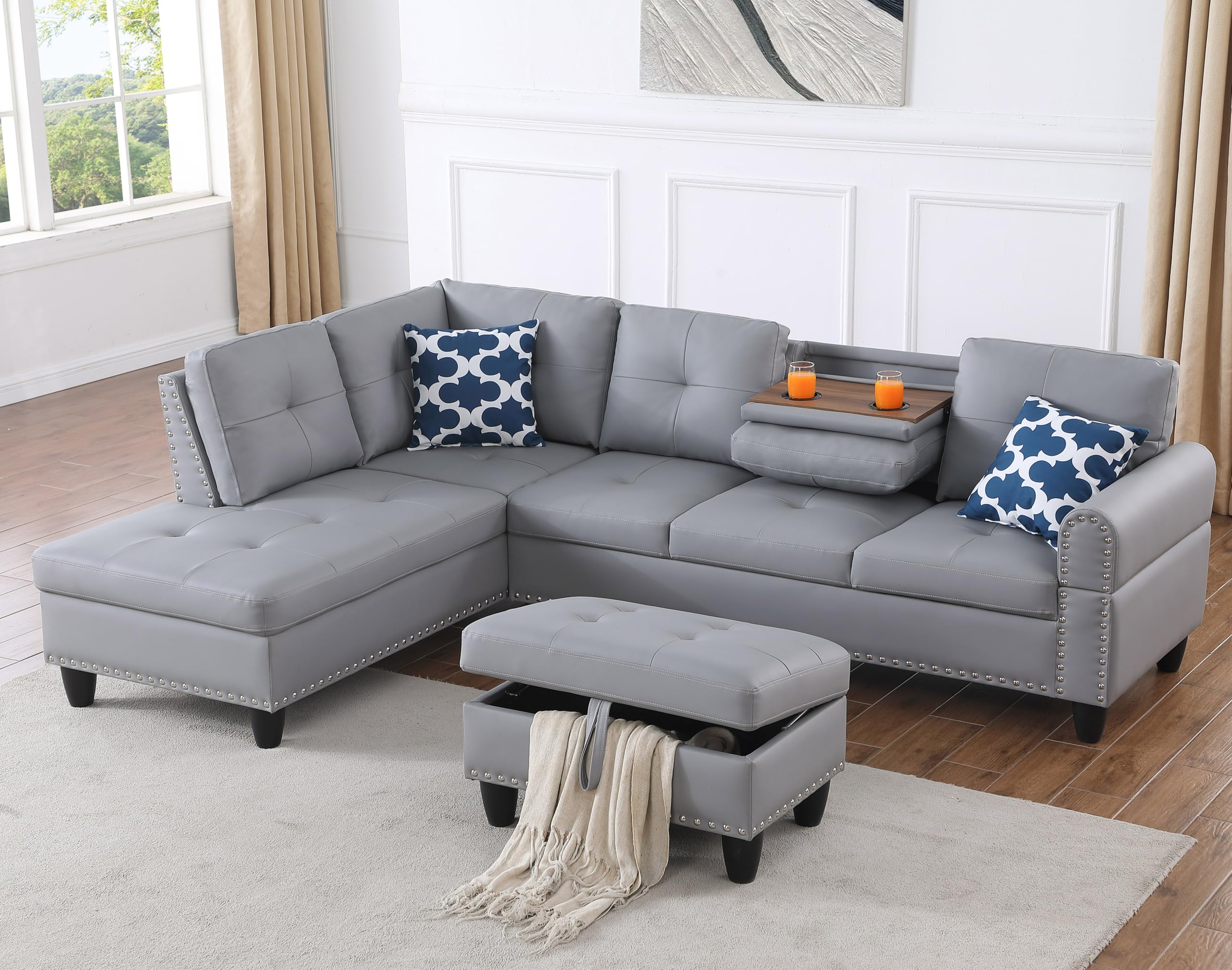 L-Shaped Oversized Reversible Sectional Sofa Couch with Drop-down Cupholders ,Modern Living Room 6 Seaters Corner Tufted Upholstered Sofa&Couch W/Reversible Chaise ,Storage Ottoman and Nailhead Decor