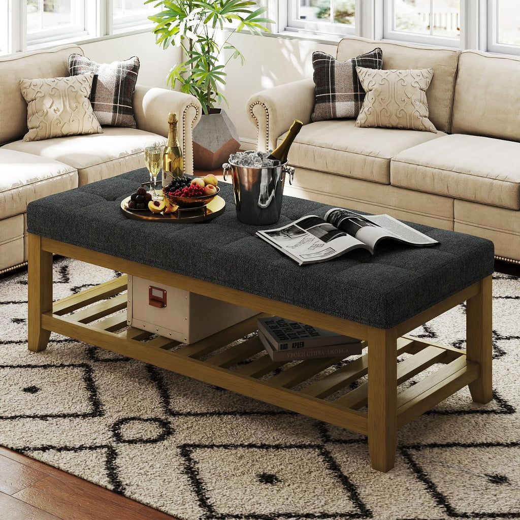 Large Square Ottoman Coffee Table, Linen Solid Upholstered Footrest Ottoman with Solid Wood Shelf Storage Tufted Coffee Table for Bedroom Living Room-Ivory